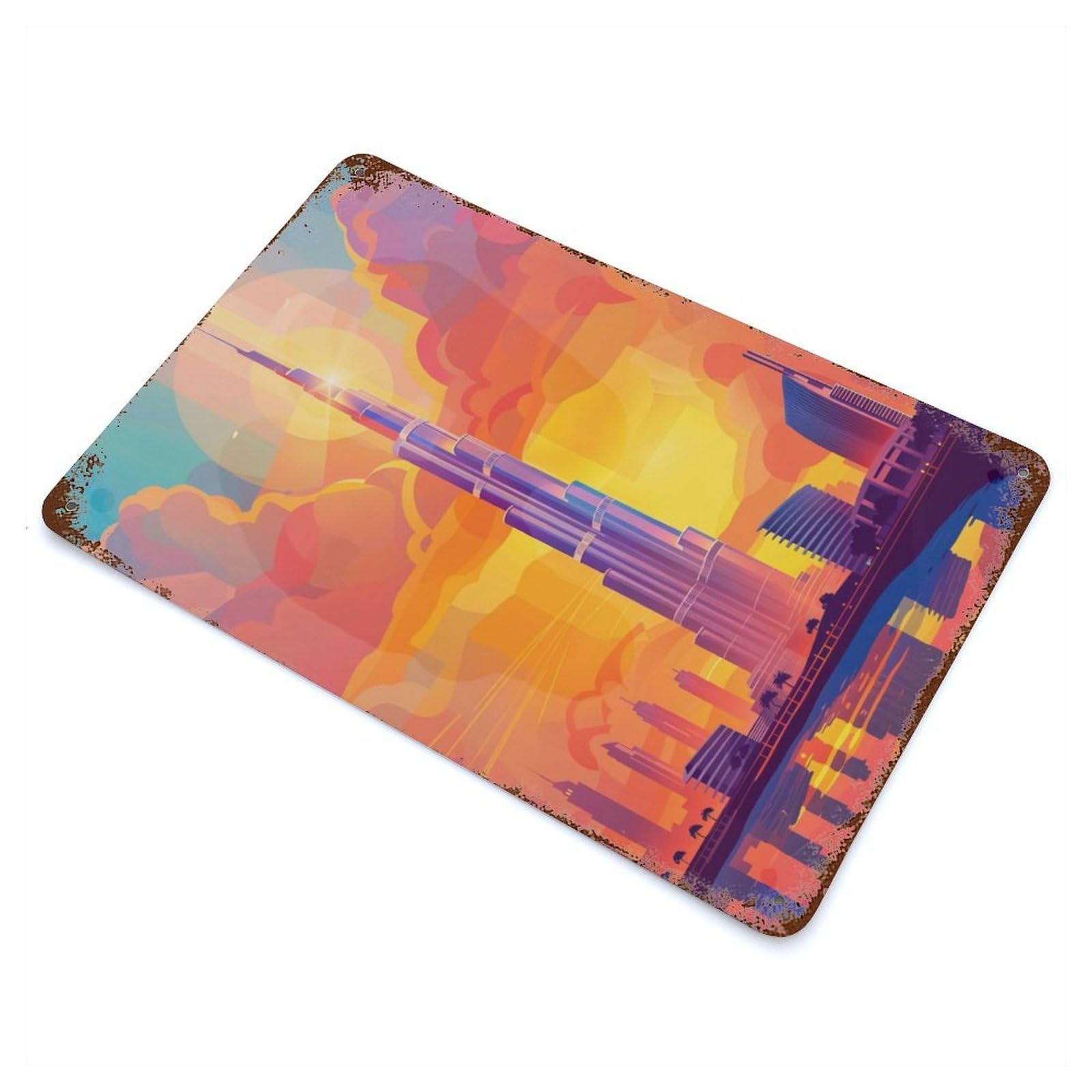 Dubai Skyline Sunset Weathered Tin Sign 11.8"x7.9", Vintage Wall Decor for Garage, Pub Or Kitchen
