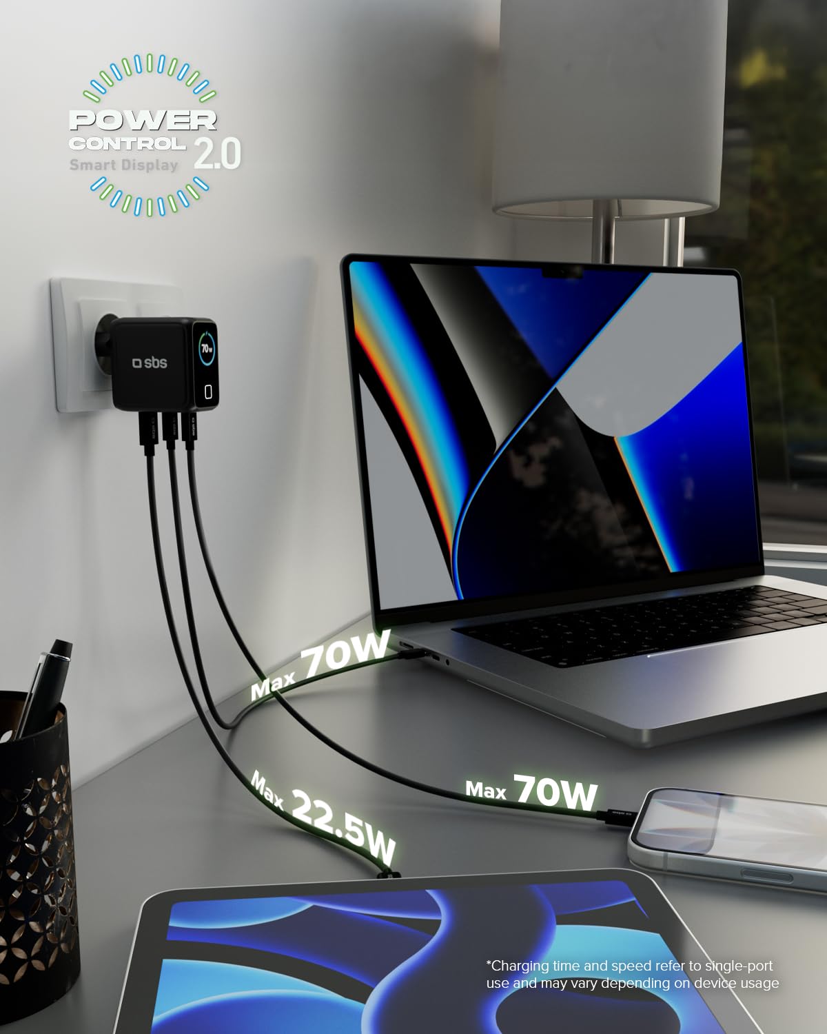 SBS Pulse Power 70 W USB-C, GaN Technology, Power Delivery (PD 3.0 PPS), inteligentny wyświetlacz AI, sterowanie dotykowe, AFC, szybkie ładowanie, do Laptopa, Tabletu, iPhone’a i Androida