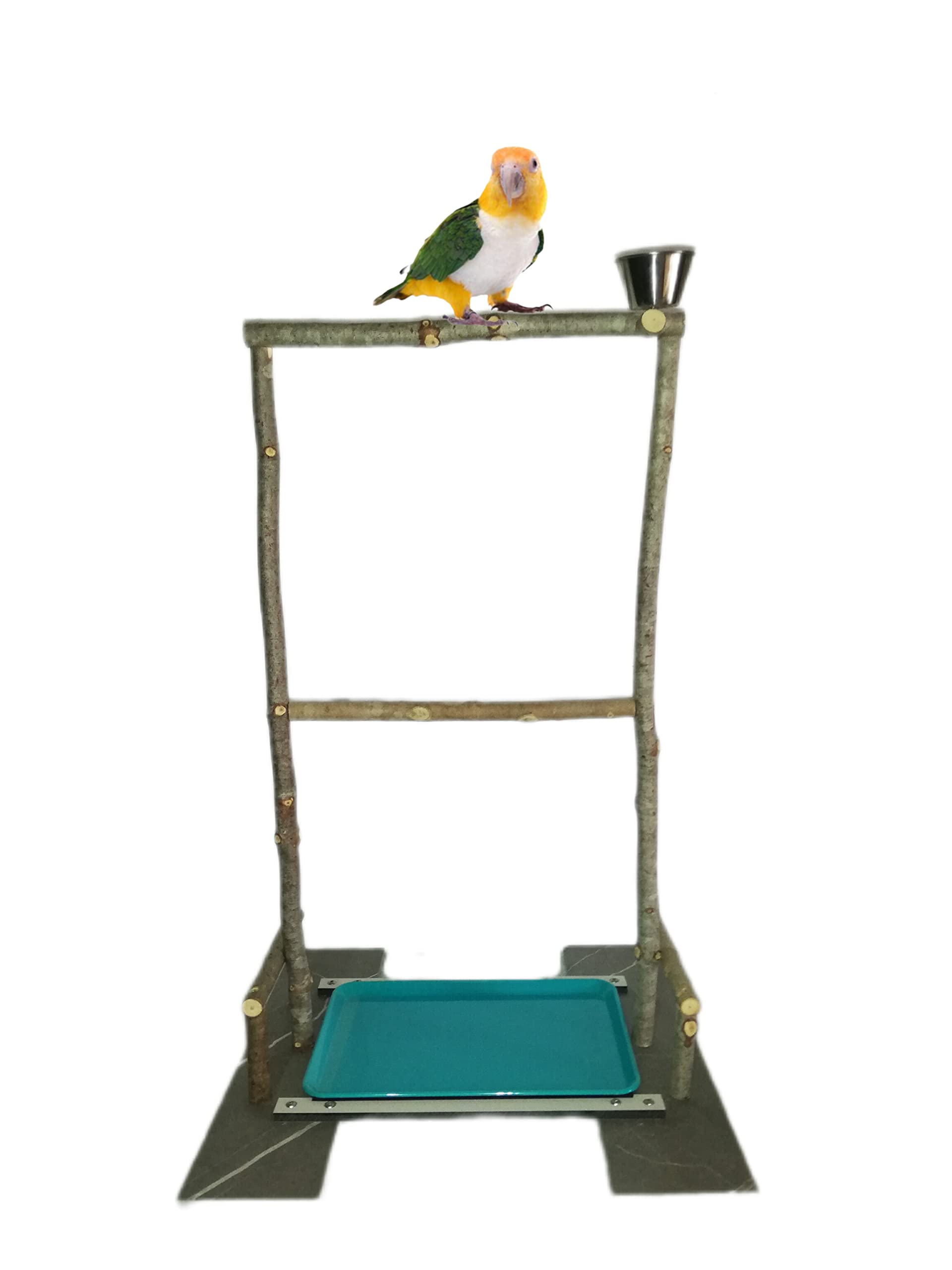Posadero grande para loros caiques, pyrrhuras, ninfas, percha natural con comedero de pájaros, madera con su corteza, descanso y duchas con pulverizador de aves, bandeja higiene, CALIDAD PREMIUM. (D)
