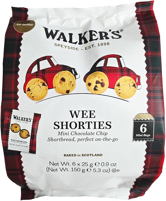 Walker's Chocolate Chip Shortbread, Mini Wee Shorties, 6 x 25g Bags, 4 Pack, Baked in Scotland