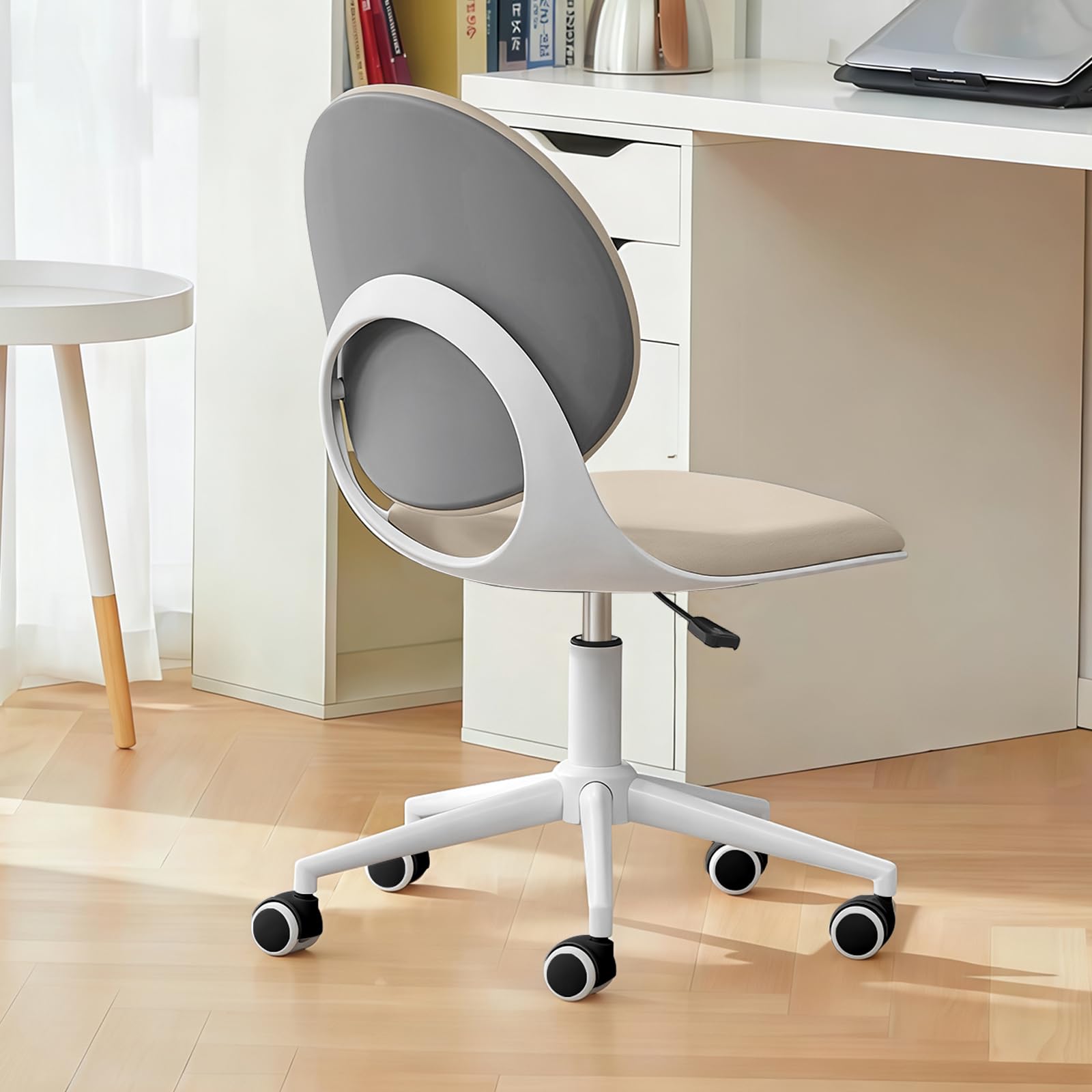 WXJHL Modern Home Office Chair, Armless PU Leather Desk Chair with Mid-Back, Swivel Height Adjustable Ergonomic Computer Task Chair for Office, Bedroom, Make Up, Study(Brown)