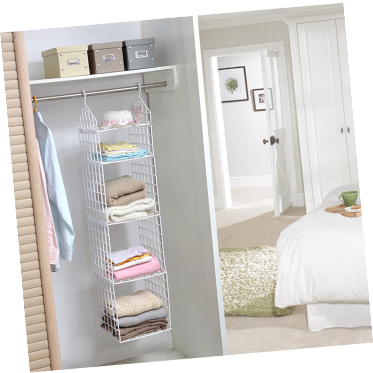 LABRIMP Organizer da Armadio Sospeso Pieghevole a Tre Grandi Strati in Pp | Bianco, Design Ventilato a Griglia Ampia Apertura, per Accessori e Cappelli