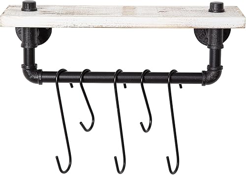 Estante de madera con antorchas montado en la pared, barra colgante de estilo industrial con 5 ganchos extraíbles, diferentes longitudes, estante