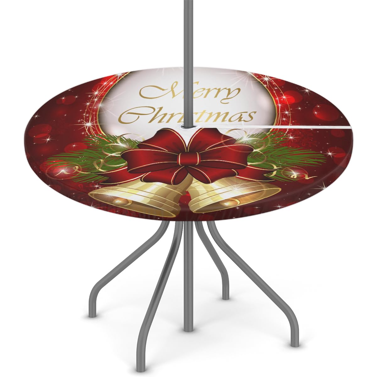 cfpolar Merry Christmas Bells Holly Leaf Outdoor Round Fitted Tablecloth with Elastic Edge, Waterproof Table Cover with Umbrella Hole Table Cloth, for Party Family Dining Fits 45-56 in Diameter Table