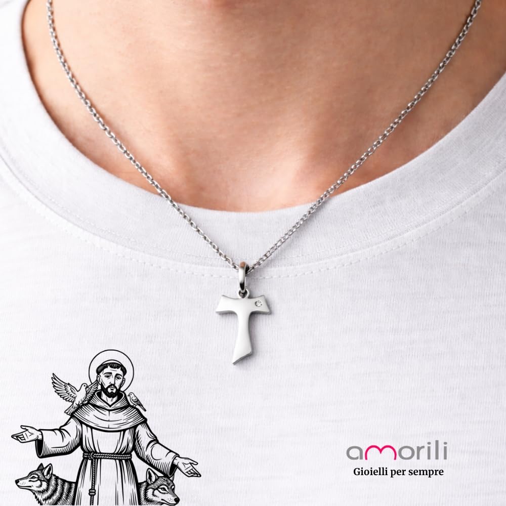 Collana Tau Francescano Uomo Donna in Acciaio Inox con Zircone Bianco – Pendente Religioso Cattolico Cristiano Simbolo di San Francesco – Gioiello Spiritualità Fede Regalo