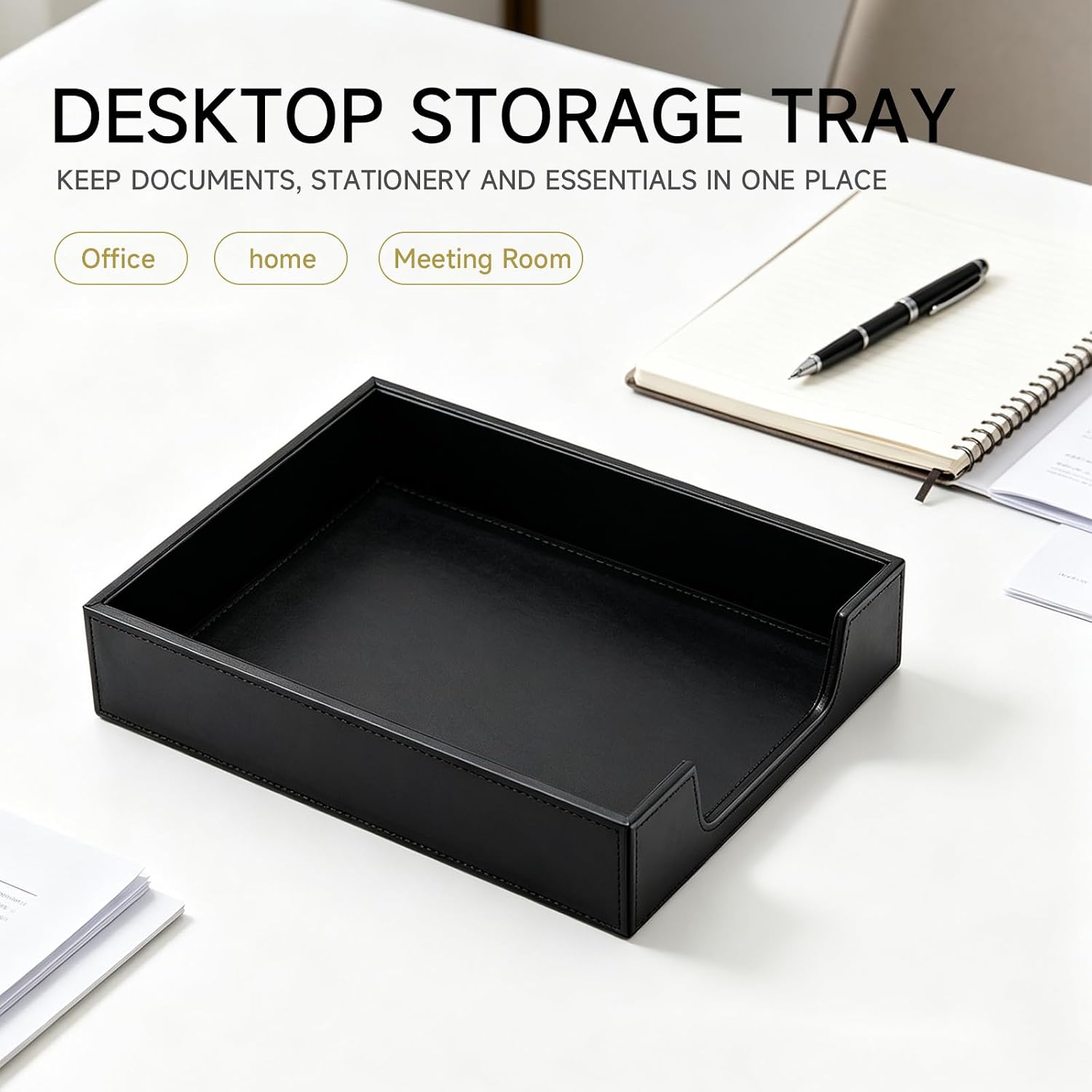PU Leather Desk Organizer Tray, Office Desktop Storage Tray with Front Cutout, Decorative Leather Drawer Tray for Stationery Phone Cable Small Accessories,Desk Catchall Tray for Home Office Workspace