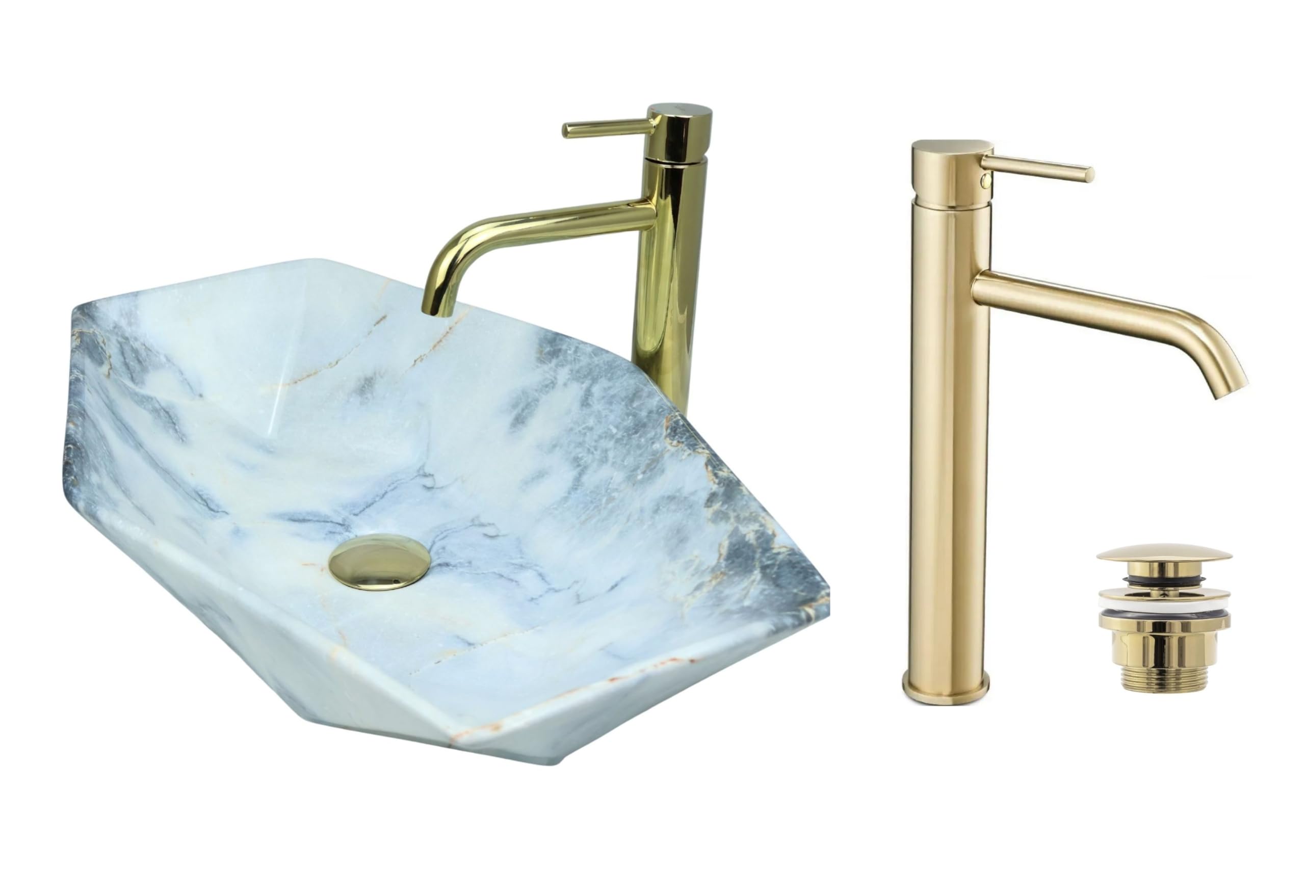 Aufsatzwaschbecken Glanz Set mit Waschtischbatterie und Stopfen - Aufsatzwaschbecken Oval für Badezimmer - Modern Waschbecken ohne Hahnloch - Waschbecken mit Armature - Modell 5