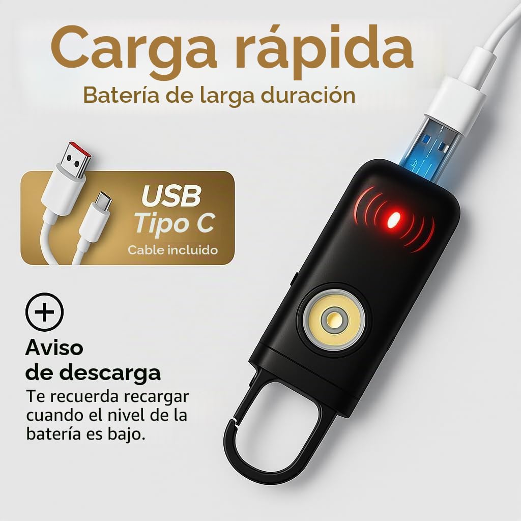 Alarma de bolsillo, alarma personal de seguridad de emergencia de 130 decibelios con luces, color negro