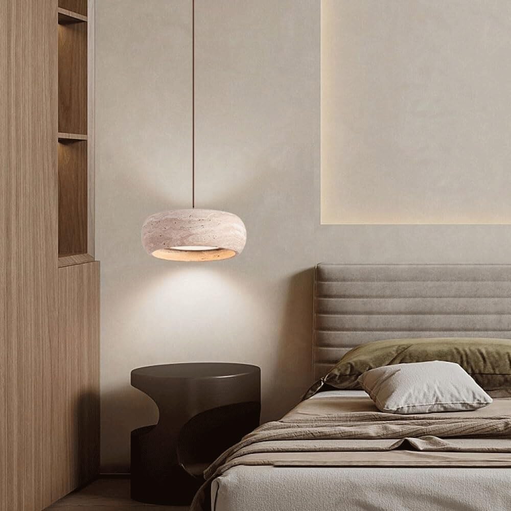 Pendelleuchte Minimalistischer Gelber Travertin, LED Hängelampe Oben Unten Beleuchtung Ringstein Kronleuchter für Schlafzimmer Nachttisch(3 modes)