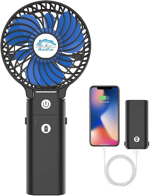 HandFan 5200mAh Handheld Fan 3 Speeds,Portable 180°Foldable Battery Operated Power Bank Function & Desktop & Rechargeable Personal Fan 3-in-1Strong Airflow for Outdoor Camping Stroller