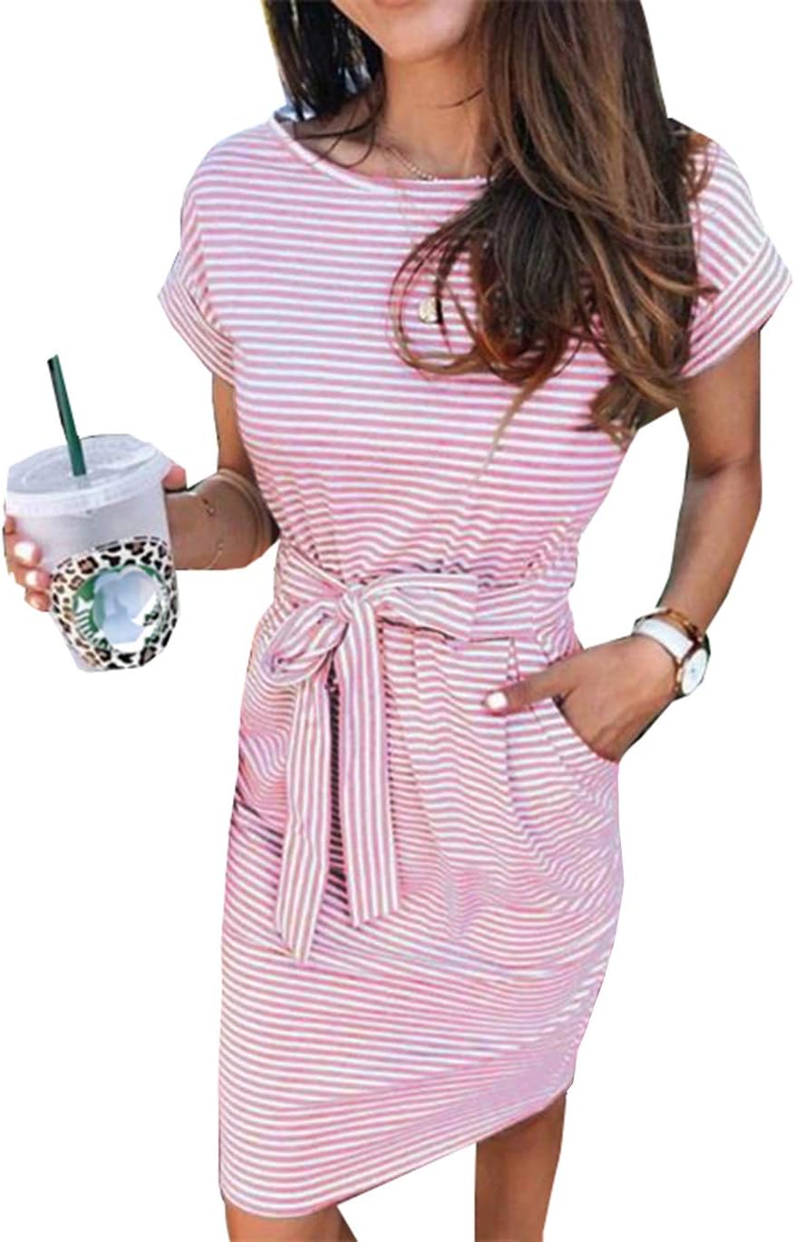 PALINDA Women's Striped Elegant Short Sleeve Wear to Work Casual Pencil Dress with Belt