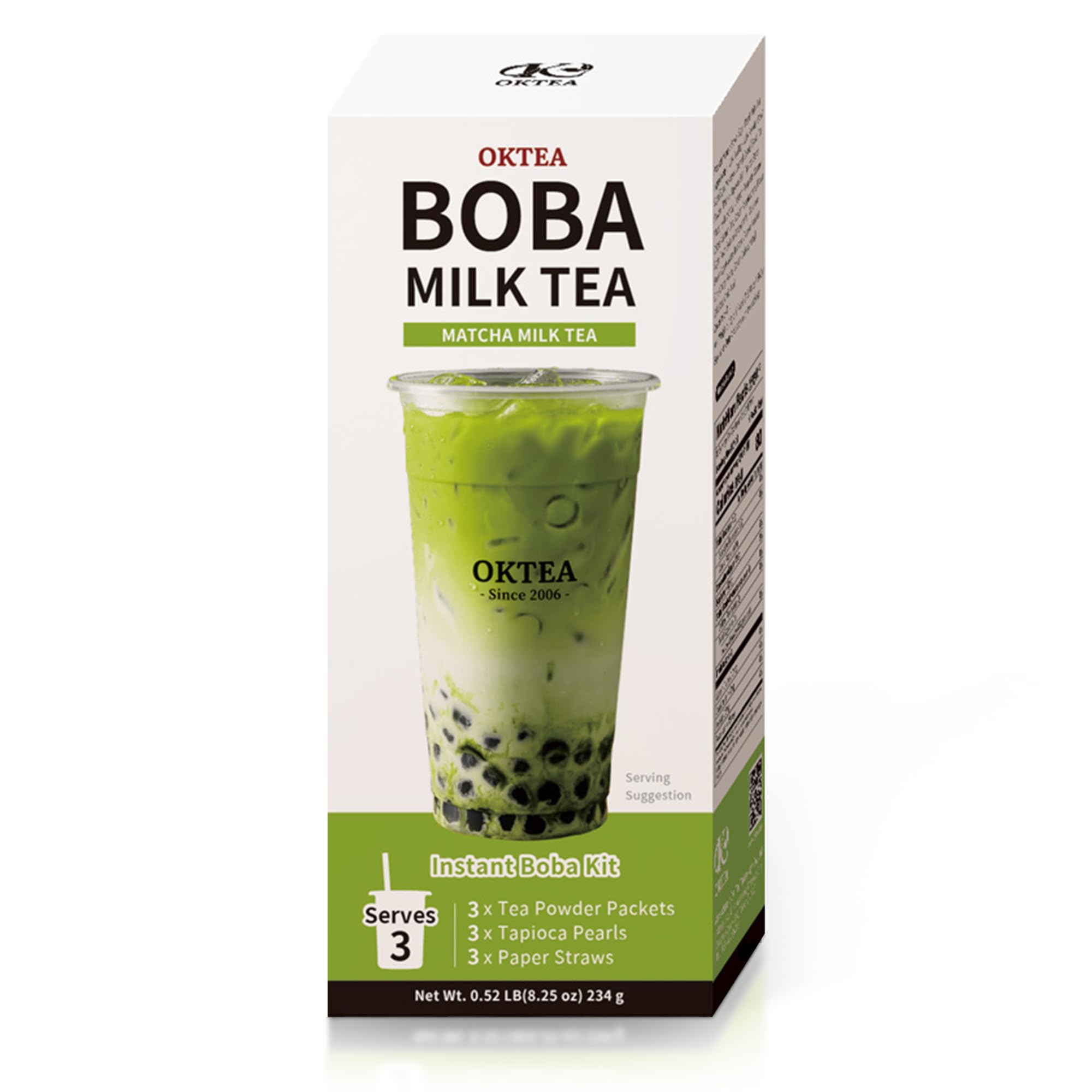 Matcha Rich Bubble Pearl Milk Tea Kit - Non-Dairy Creamer Edition - Matcha Flavor, Real Sugar, Preservative-Free Tapioca Balls, Includes Paper Straws - 3 Servings
