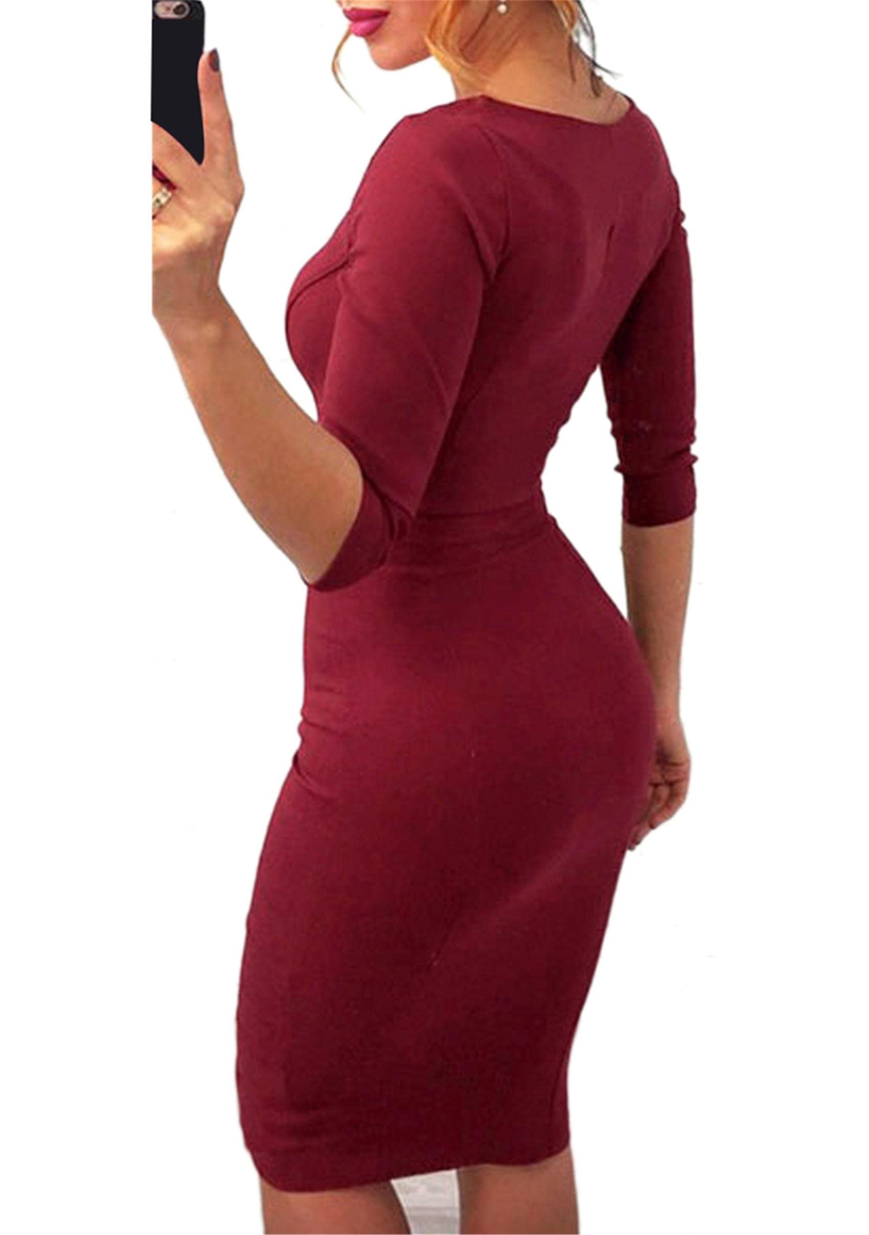 YMING Womens Zipper Front Bodycon Dress 3/4 Sleeve Midi Dresses Sexy Solid Color Club Dress: XX-Large Wine Red