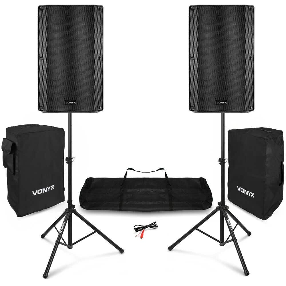 Vonyx VSA150S Sistema de PA Activo portátil 1000 W con 2 Altavoces de 15”, Bluetooth, USB MP3, entradas Micro y Guitarra, Soportes, Fundas Protectoras y Mando a Distancia