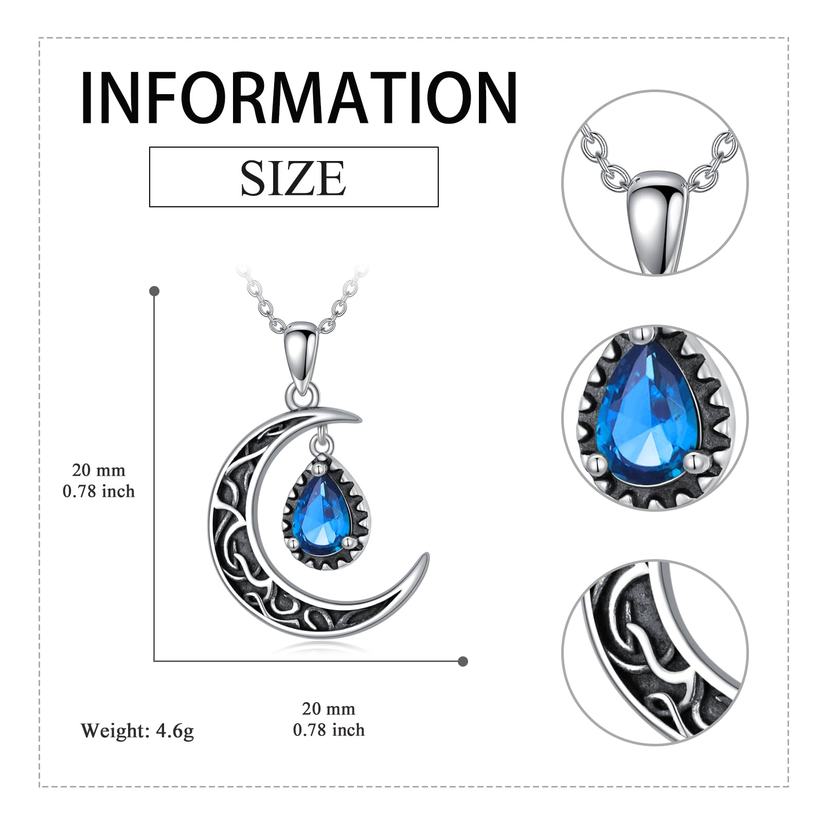 VONALA Collana da donna con luna, 20*20mm, Argento sterling, Zirconia cubica