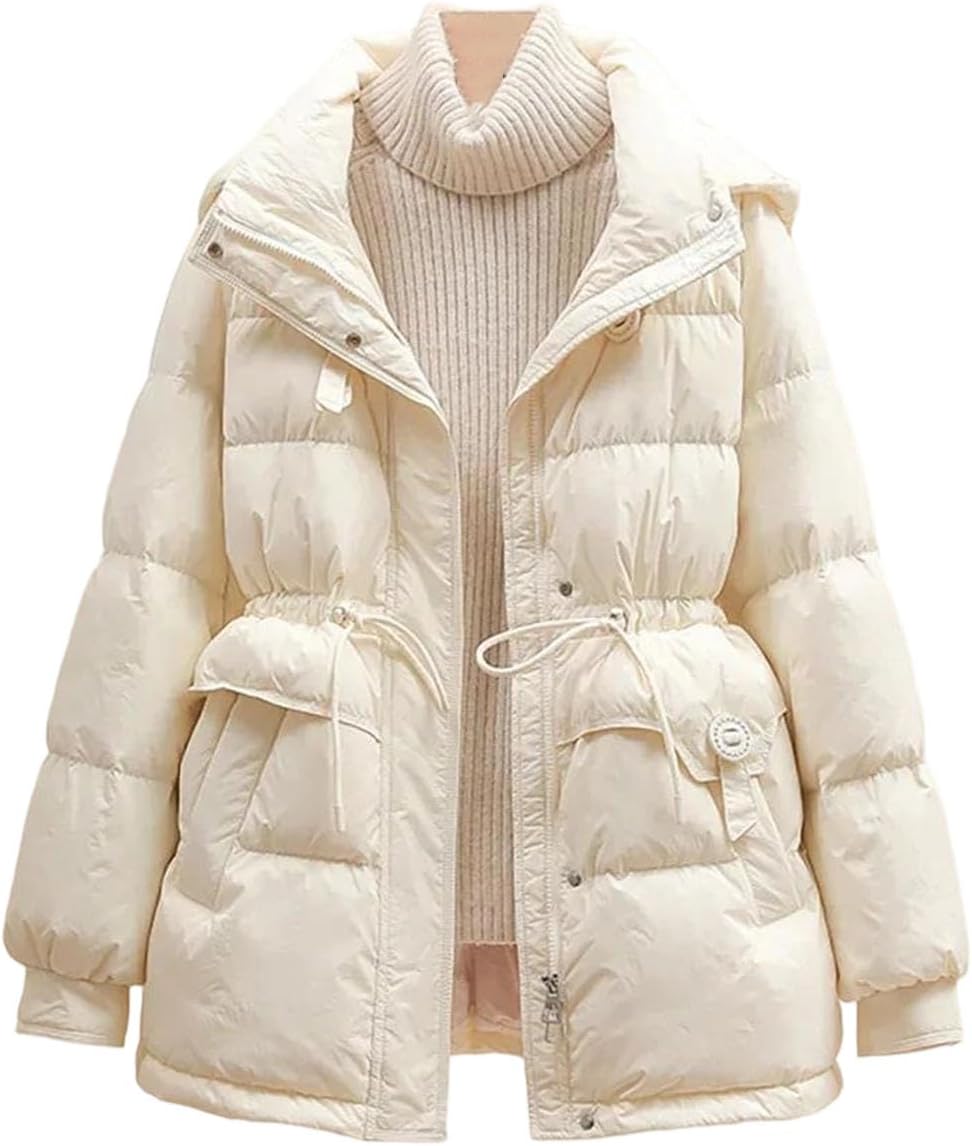Women’s Duck Down Jacket With Hood Drawstring Loose Fit Casual Winter Outwear