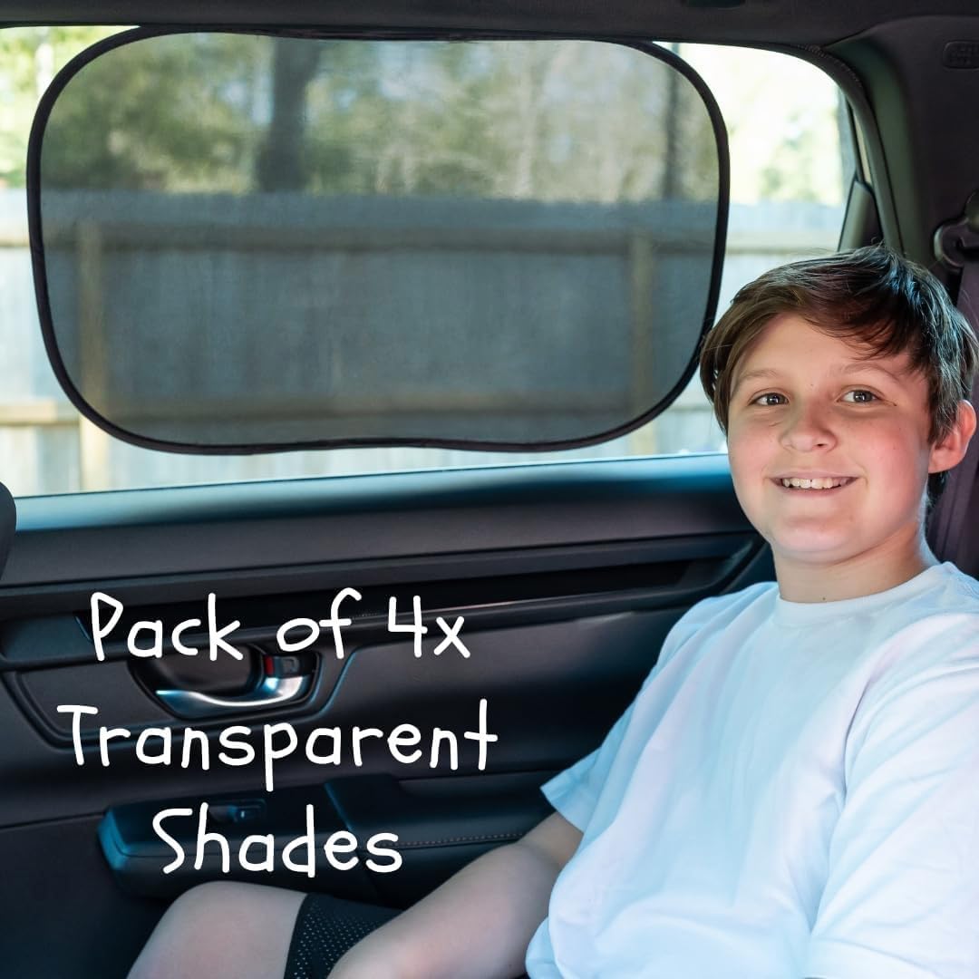 Car Window Shades - Certified 99.79% UVA & 99.95% UVB Sun Protection. Award Winning car Sun Shade for Side Windows. 4 Pack Transparent Shades 22" x 14" - Car Accessories Interior by Kinder Fluff