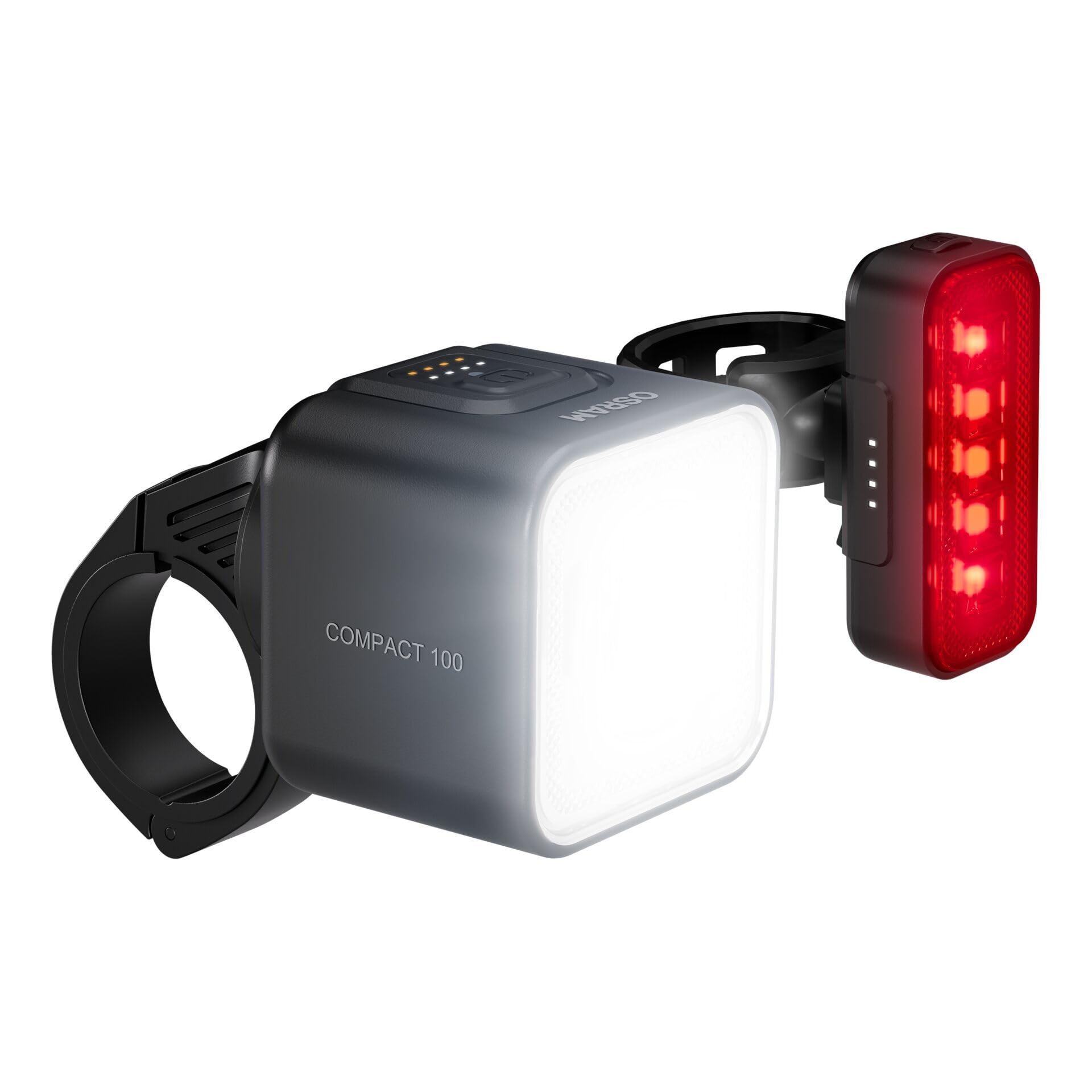 OSRAM LEDsBIKE COMPACT 100 SET, set di luci per bicicletta ricaricabili - anteriore e posteriore, con luce di stop, omologato StVZO, compatibile con supporto Garmin, tre livelli di luminosità, 100 lux