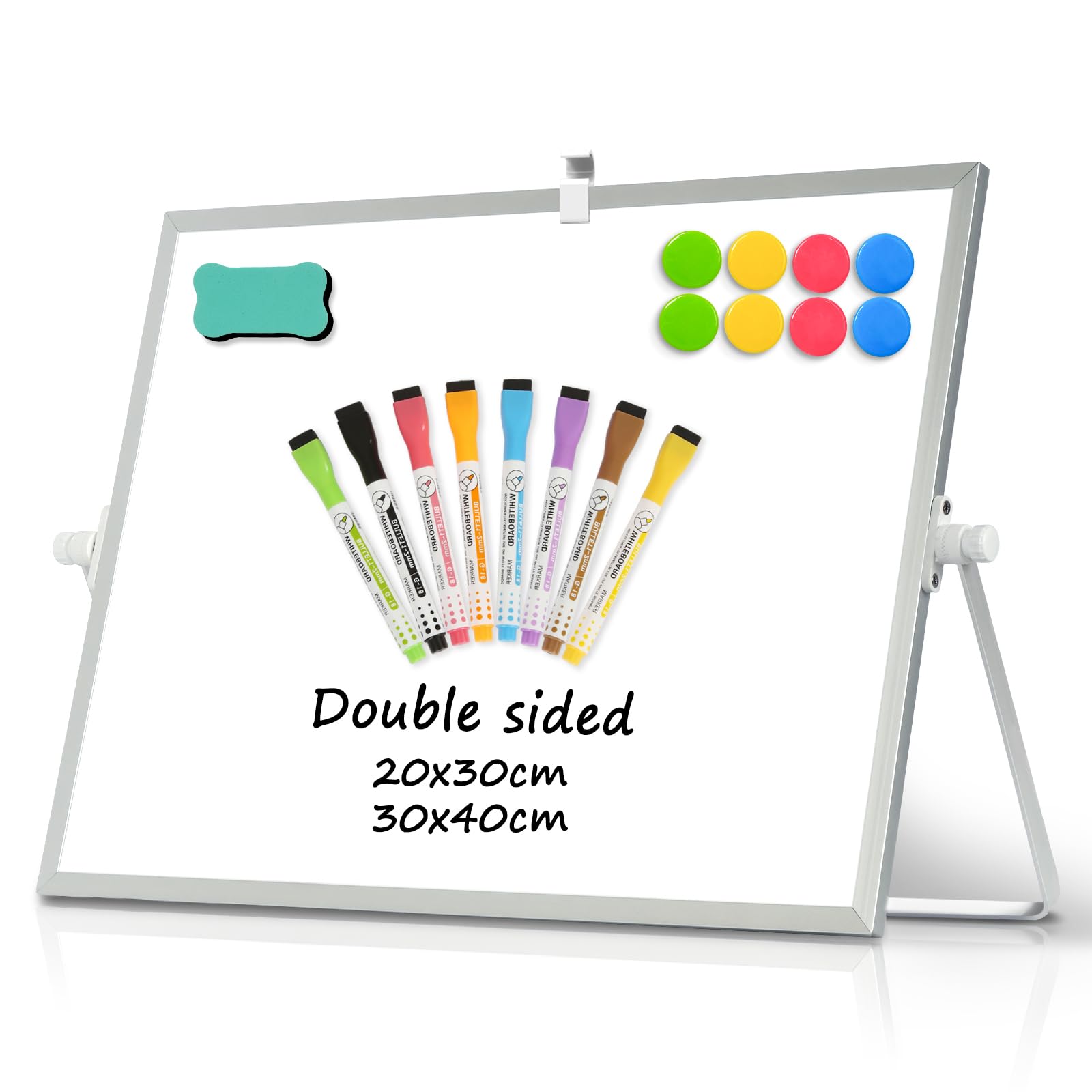 DOLLAR BOSS Magnetic Desktop Whiteboard 30x40cm Double Sided Dry Erase Small White Board with Stand, A3 Mini Whiteboard 8 Pens, 1 Eraser, 6 Magnets, for Teachers Home Office