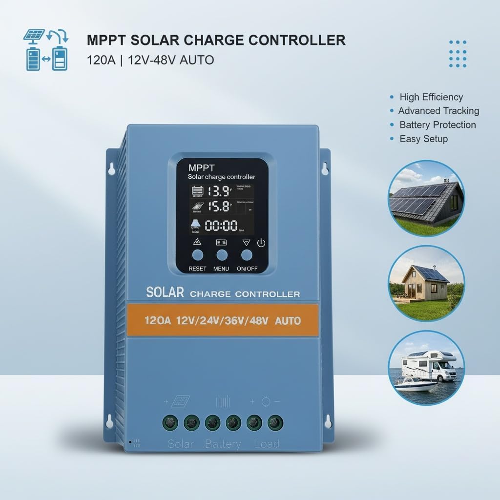 Solar Charge Controller 120A 12V 24V 36V 48V Intelligent Recognition LCD Display Battery Intelligent Regulator Maximum 100V Input Dual USB for Lead Acid/Lithium Battery (SA120A)