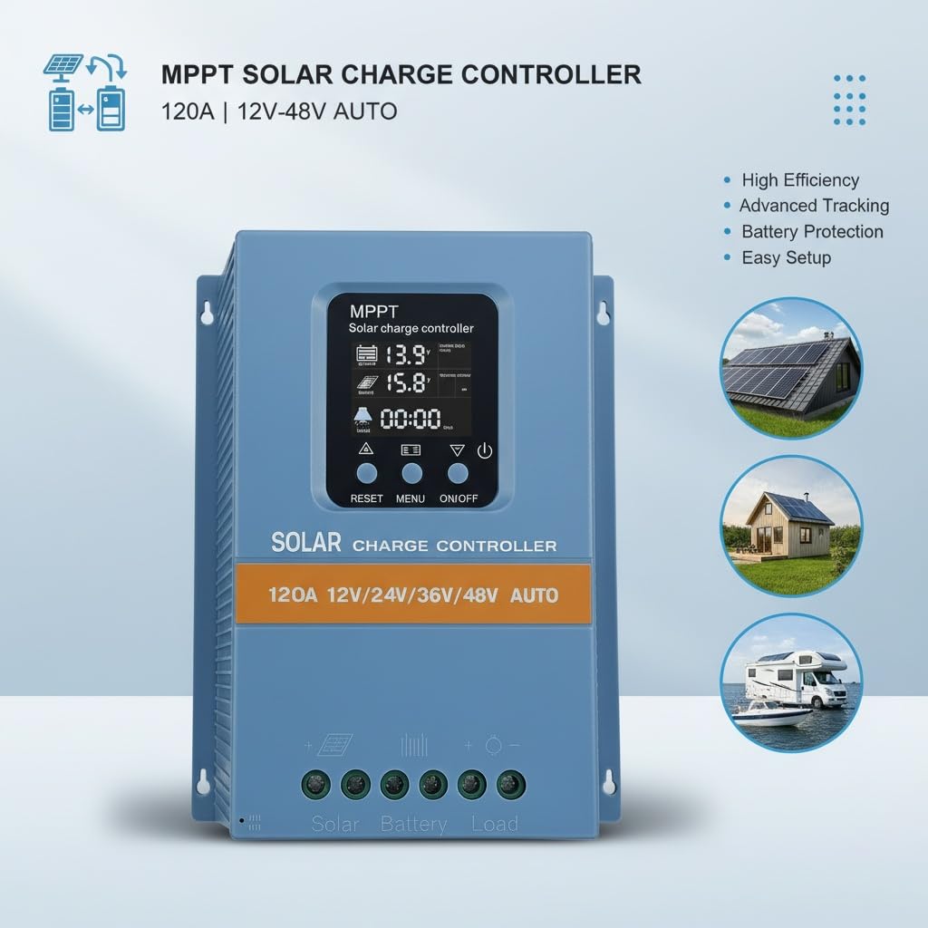 Profesjonalny kontroler ładowania solarnego MPPT 120 A, 12 V/24 V/36 V/48 V, wyświetlacz LCD, podwójny USB, wejście 100 V, do domu, kampera, łodzi