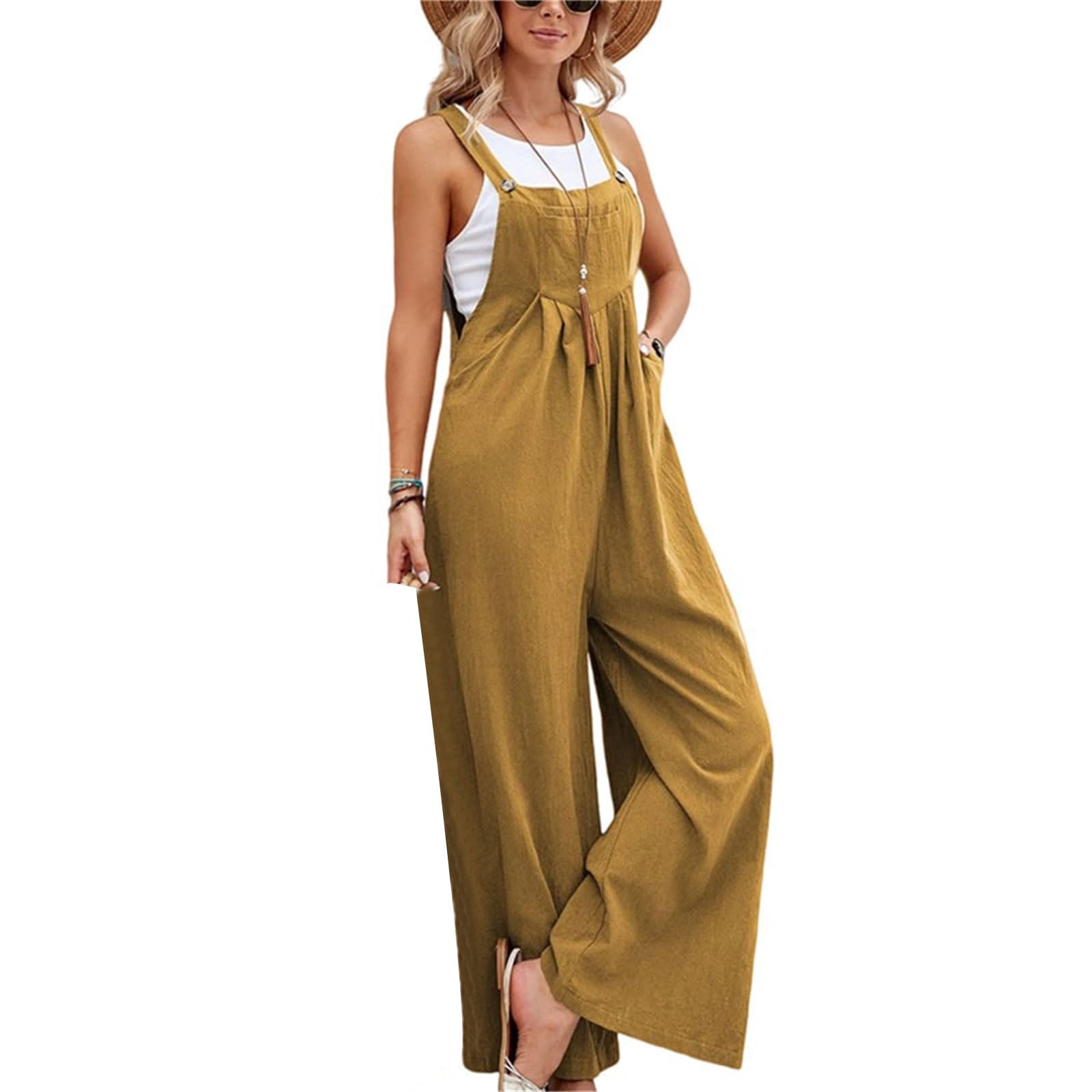 Kubbon Womens Wide Leg Jumpsuits Sleeveless Straps Bib Overalls Summer Baggy Casual Pants Rompers Overalls with Pockets