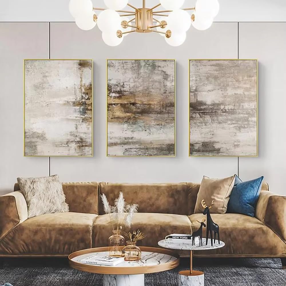 GOSRD Lienzos decorativos abstractos en tonos grises y dorados, estilo moderno, ideales para la decoración de salas de estar y dormitorios (50x75cm - 3 piezas/marco interno).