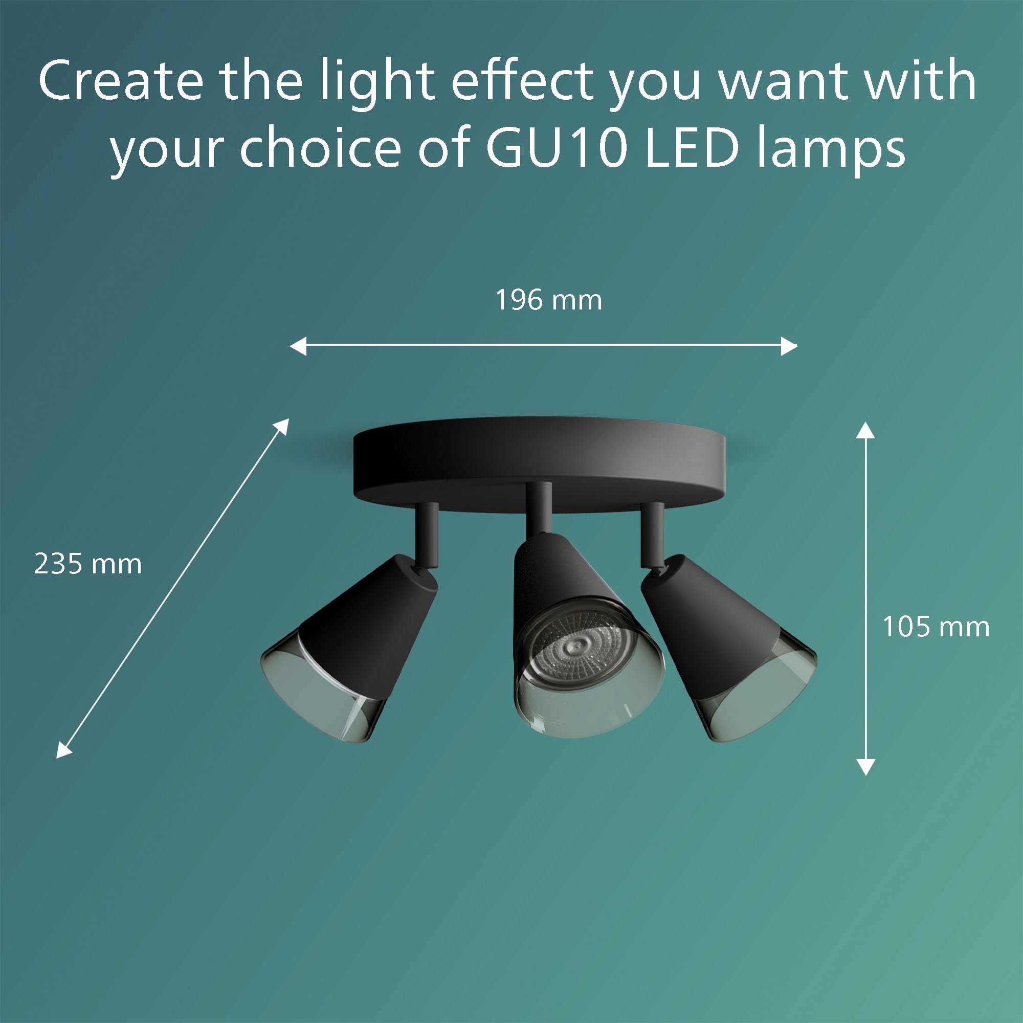 PHILIPS Cleft Spot 3-Head on Round plale, GU10 not Included, Black, IP20 - Image 3