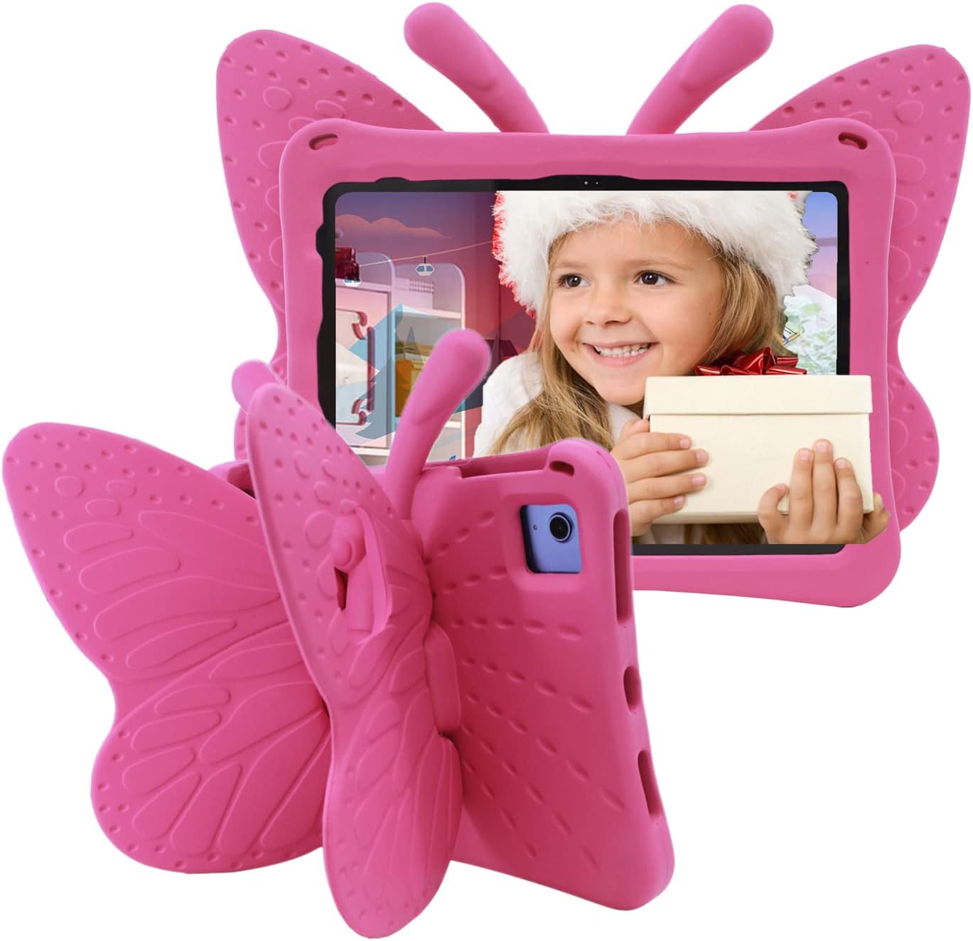 Cute Butterfly Kids Case for Apple iPad (A16) 11th Generation 11 Inch (2025), iPad 10th Generation 10.9 Inch (2022), 3D Cartoon EVA Foam Shockproof Stand Cover for Girls - Magenta