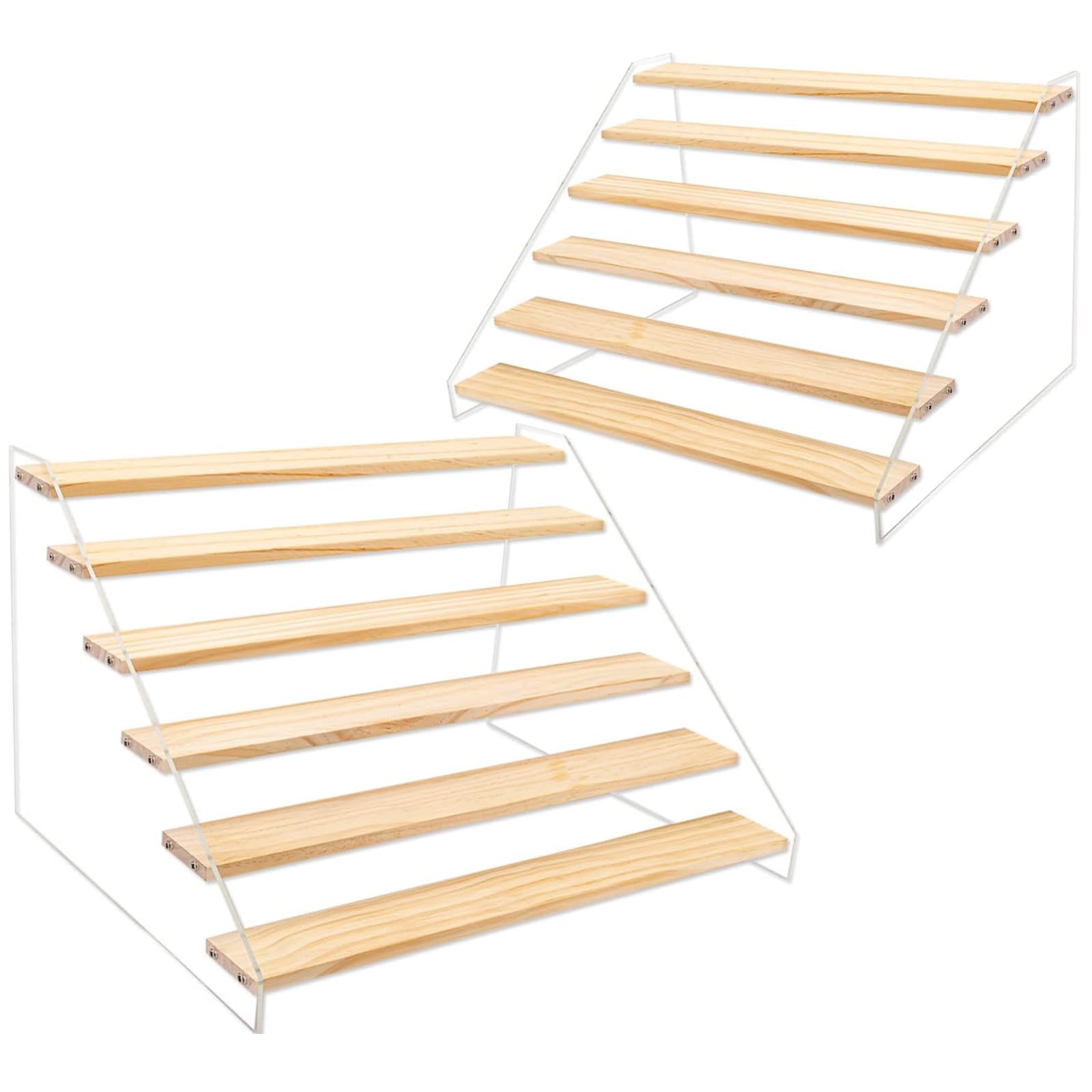 TOUNALKER 2 Packs Wood Acrylic Display Stand, 6-Step Tiered Wooden Display Shelf Risers Organizer, Tabletop Vendors Displays Shelves for Collectibles Pop Figures Cupcakes Perfumes Desserts Cosmetics