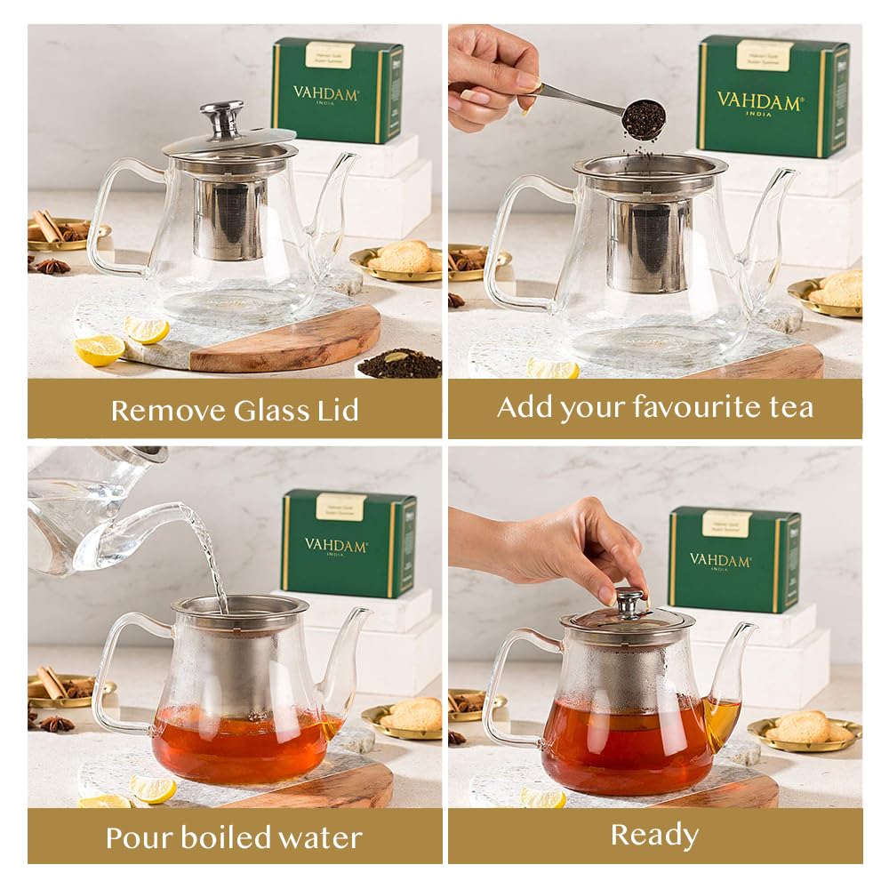 VAHDAM, Radiance- Teiera Vetro | Teiera con Infusore | Teiere da 1000 ml per tè sfuso | Perfect Tea Maker | Infusore Tè | Resistente ai graffi infusore tisana