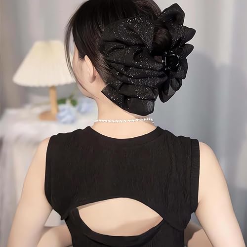 Miniatura 5 de Clip de pasador francés de satén sedoso con lazo grande para mujer, lazo de seda de gasa, clips de burbujas en capas de tul esponjoso, accesorios