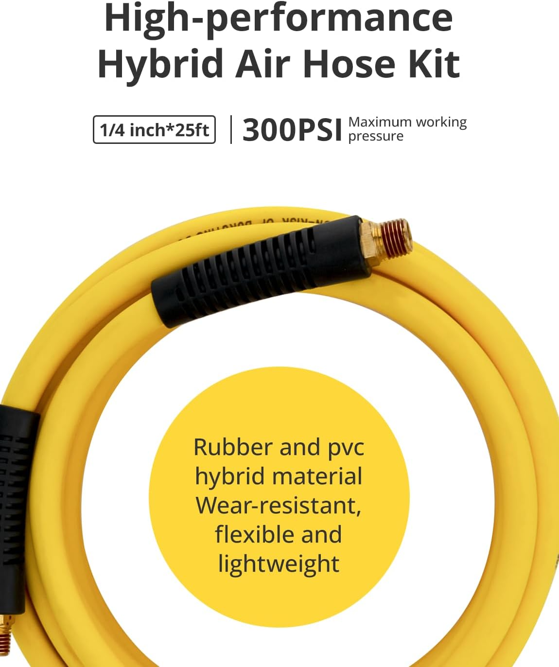 Air Compressor Hose 1/4" x 25 FT, Hybrid Air Hose with Bend Restrictor, FETIONS Air Hose with Industrial Quick Coupler and Plug, Heavy Duty,Lightweight,Adaptable to All Kinds of Weather