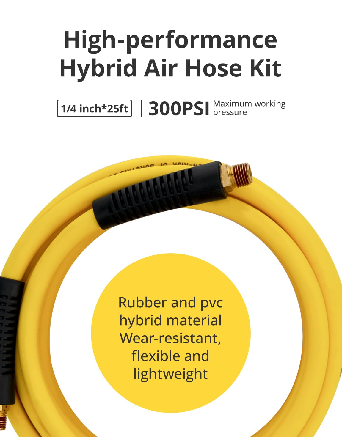 Manguera de compresor de aire de 1/4 pulgadas x 25 pies, manguera de aire híbrida con restrictor de curva, manguera de aire FETIONS con acoplador rápido industrial y enchufe, resistente, ligera,