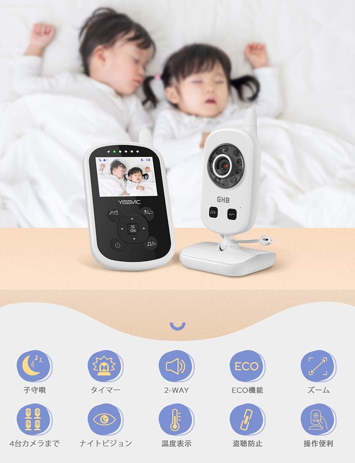 The YISSVIC baby monitor parent unit and camera unit are shown with two sleeping children in the background. Icons below represent features like lullabies, alarm, two-way audio, ECO mode, zoom, multi-camera support, night vision, temperature display, privacy, and volume adjustment.