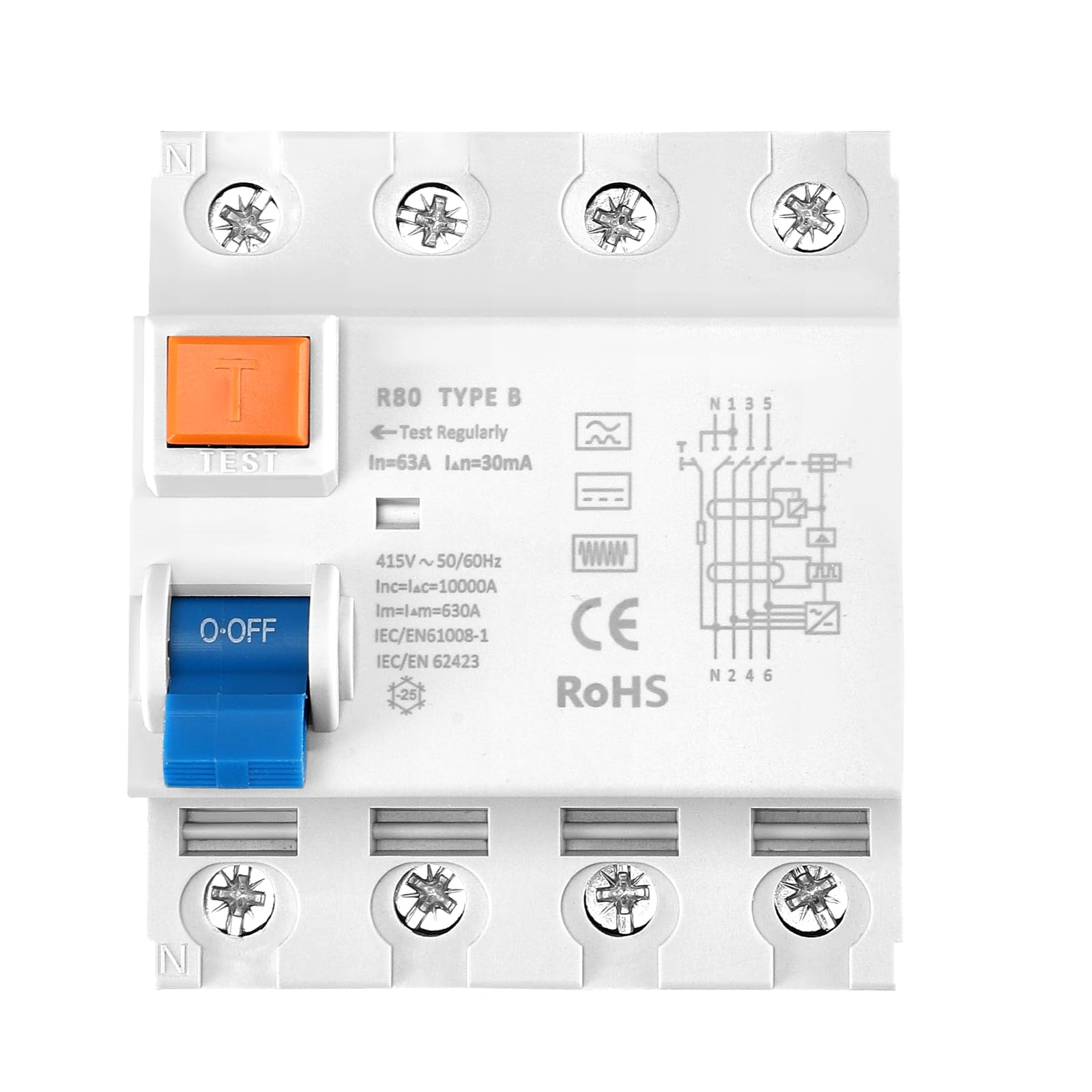 FI Schutzschalter,FI Typ B 40A/63A 4 Polig 30mA Allstromsensitiv RCD für Wallbox Ladestation Photovoltaik Wechselrichter DIN Hutschiene mit DC Fehlerschutz EN61008 (63A)