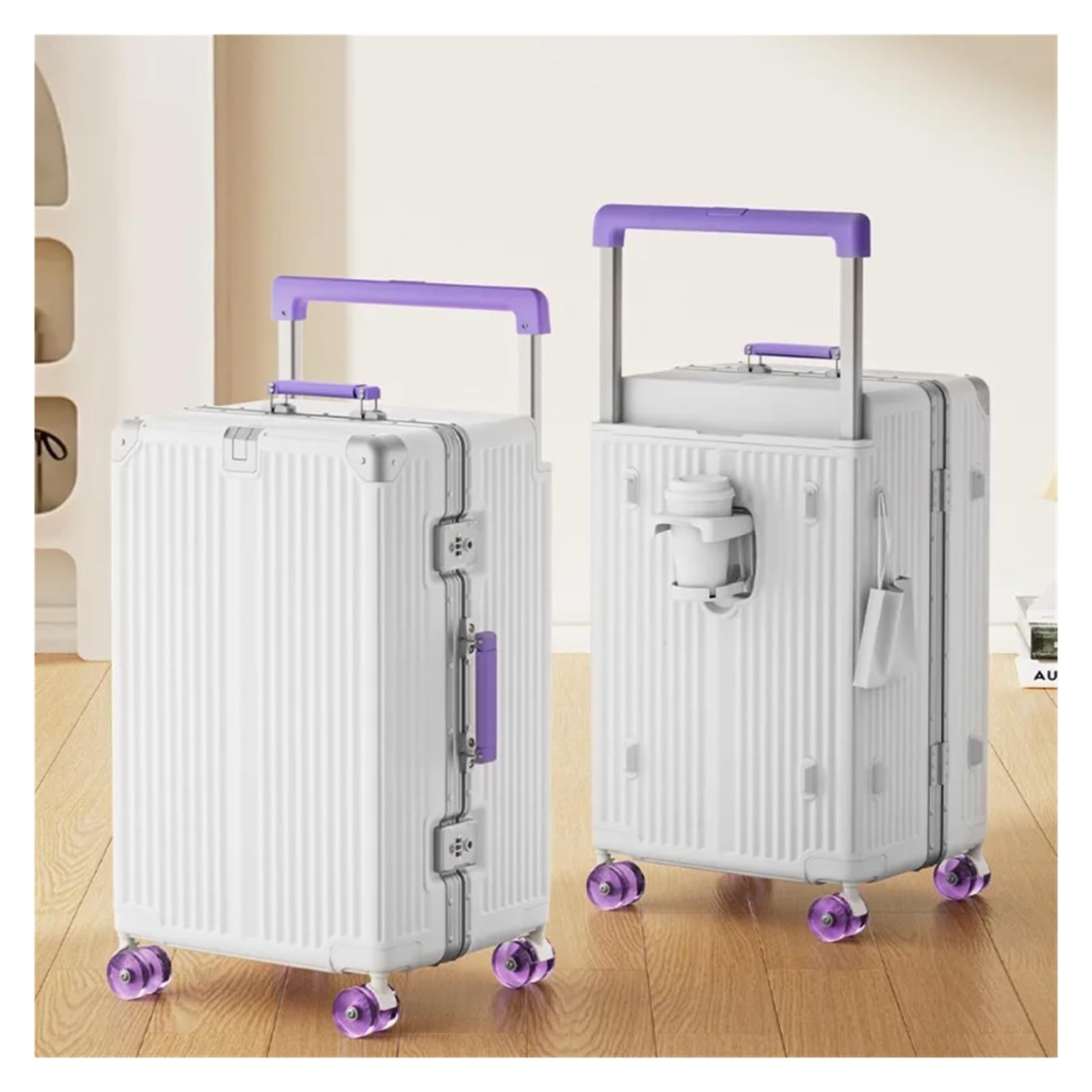 Valigia da viaggio 20/24/28 Inch Wide Handle Travel Valigia Telaio in alluminio, Bianco e viola., 24Inches 600mm, Classico | Valigia trolley trolley con ruote imbarco bagagli rotolamento bagagli