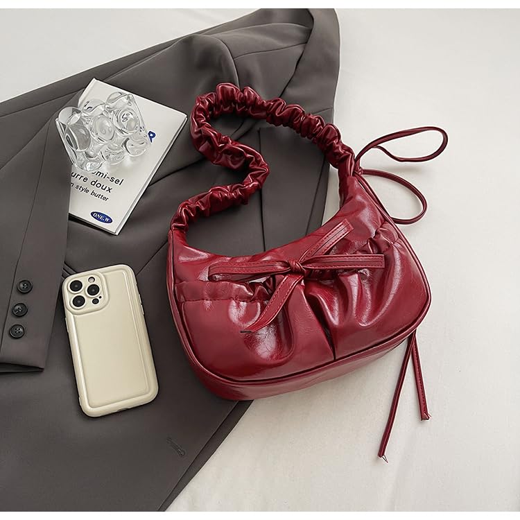 Women Bow Leather Pleated Crescent Shoulder Bag Adjustable Single Strap Crossbody Bag Solid Color Luxury Elegant Ruched Bag Z3