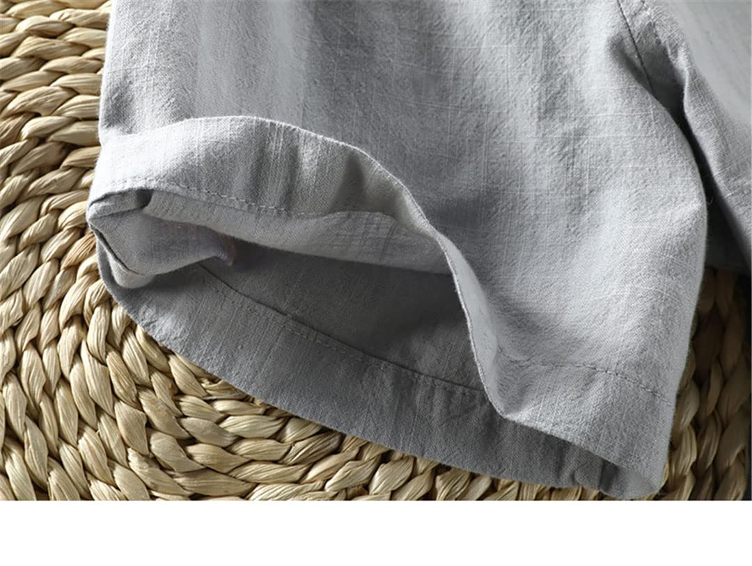 Maglietta da uomo in cotone e lino a maniche corte con colletto alla coreana, Grigio chiaro, XL