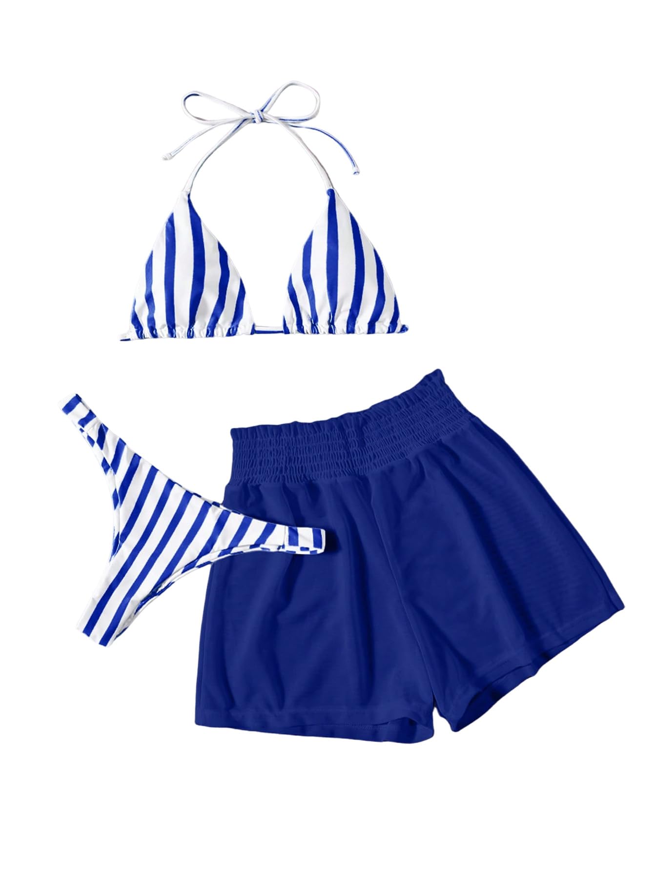 Costume da Bagno Bikini A Righe da 3 Pezzi da Donna, Costume da Bagno con Stringhe A Triangolo E Pantaloncini da Spiaggia, Blu E Bianco Piccolo
