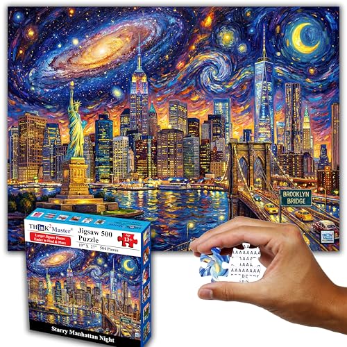 Think2Master Starry Manhattan Night 500 Pieces Large Format Jigsaw Puzzle: 13+, Teens, Adults & Families. New York City in Van Gogh-Inspired Artistic Starry Night Sky. Great Gift. Size: 26.8” X 18.9” - Image 6