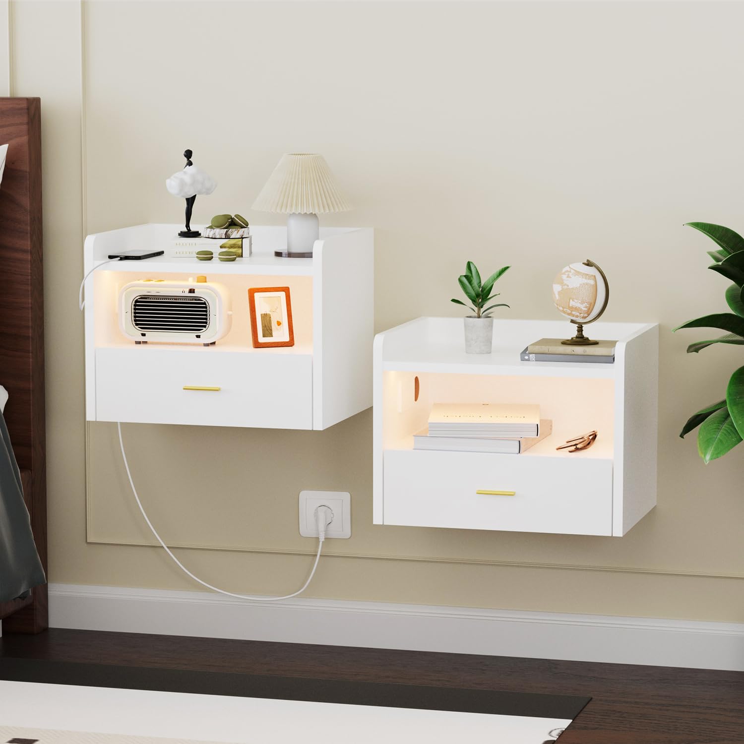 Set di 2 Comodino Sospeso Comodino da Parete con Presa e Striscia Luminosa RGB Comodini con 1 Cassetto e 1 Scomparto per Camera da Letto, Soggiorno, Bianco