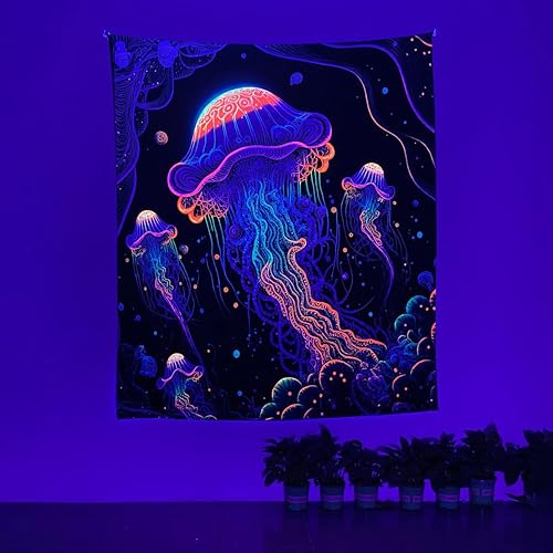 Miniatura 3 de Dixutzi Tapiz de medusa de luz negra para colgar en la pared, tapiz de fantasía reactiva a los rayos UV para decoración de dormitorio, póster de luz