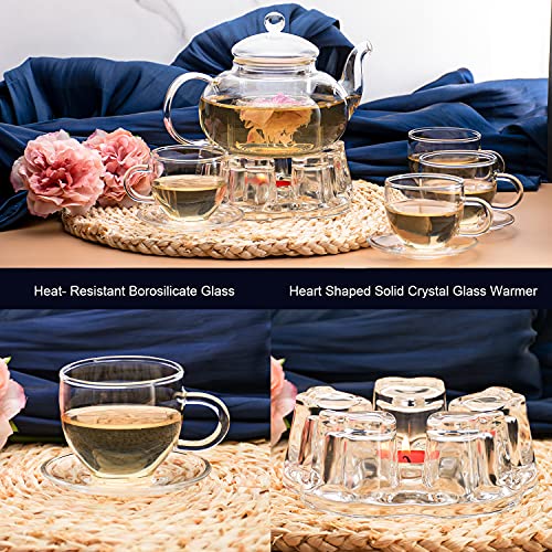 Adorable Full Glass Kettle Teapot Set With Removable Infuser Strainer And 4 Cups And Saucers And Heart Shaped Candle Holder Warmer Heating Base For Tea Blooming Loose Leaf Home Women Gift #TOP3