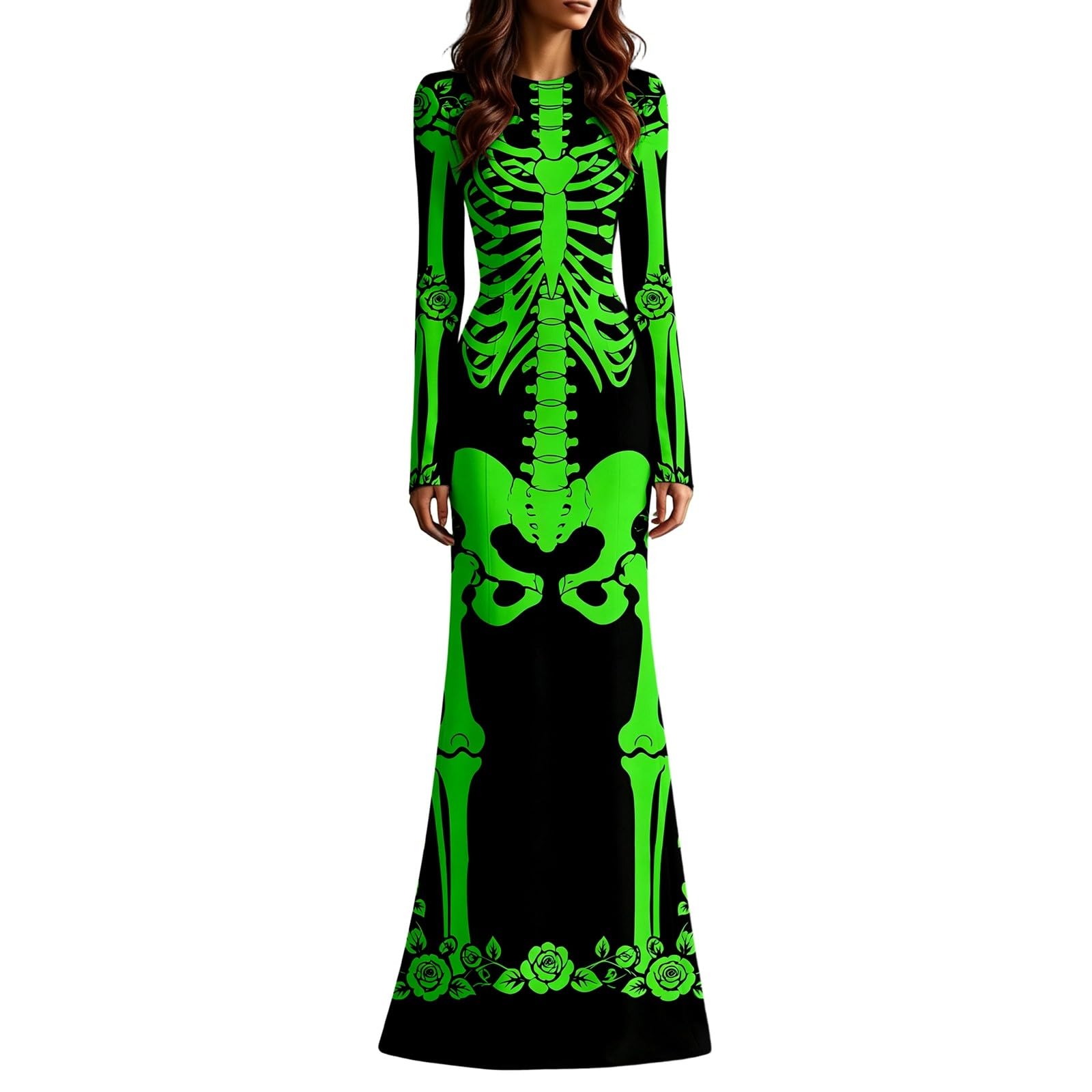 Women's Skeleton Print Mermaid Maxi Dress Long Sleeve Halloween Dresses for Women 3D Digital Print Floral Gothic Fancy Dress Costume