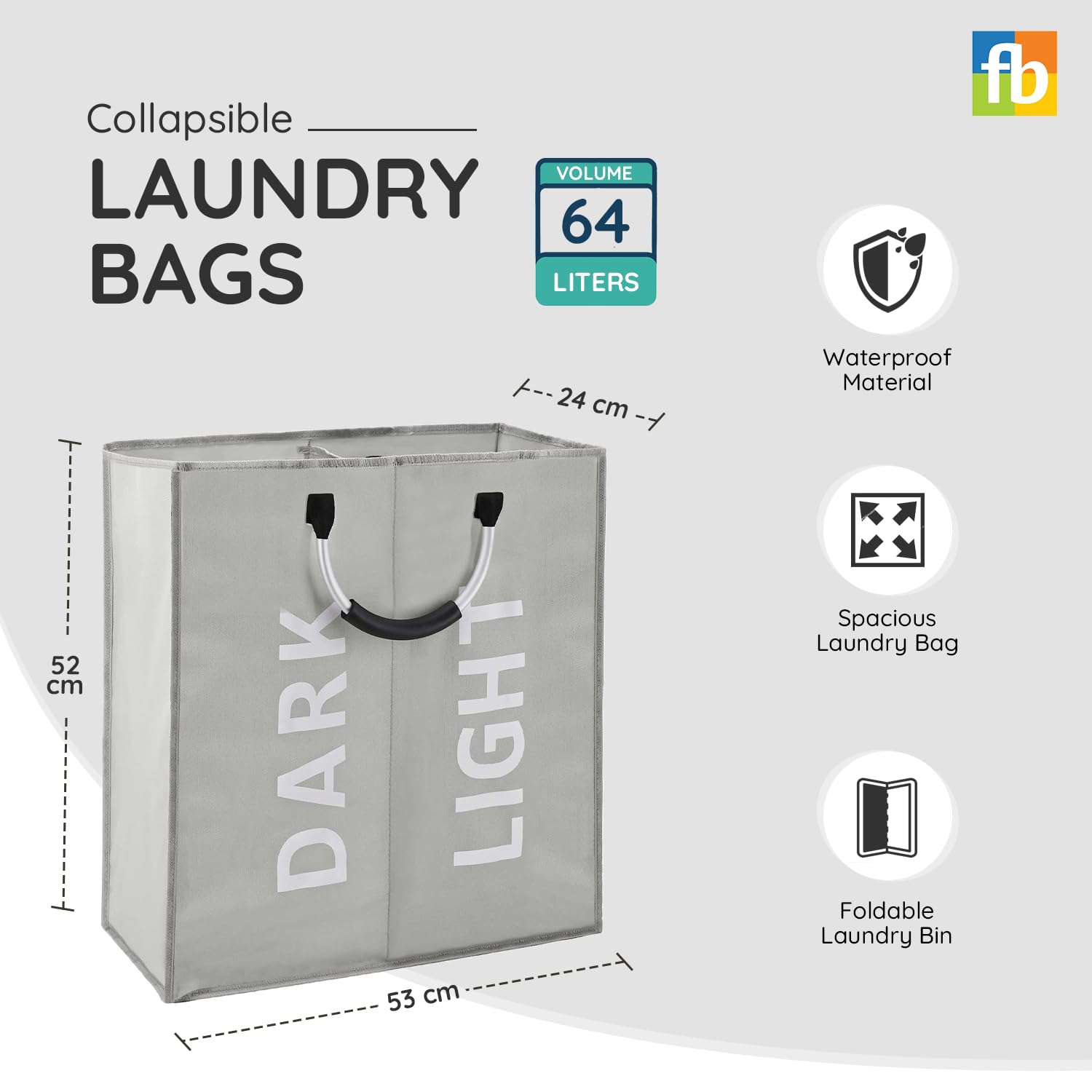 FB FunkyBuys 64L Foldable Laundry Basket, Large Laundry Bag with 2 Compartments - Image 2