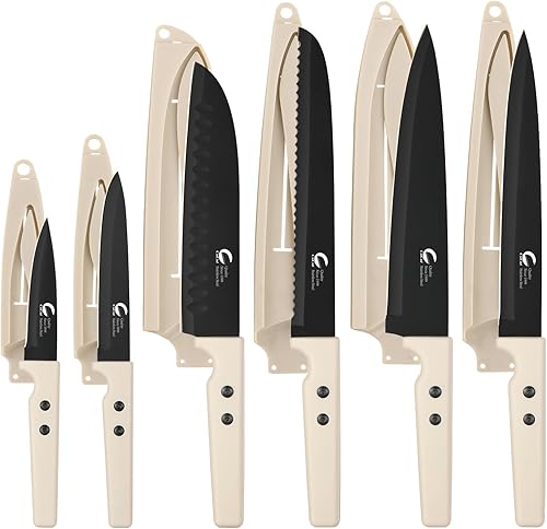 Juego de cuchillos de cocina de 12 piezas, con revestimiento antiadherente con 6 protectores de cuchilla, remaches dobles, apto para lavavajillas,