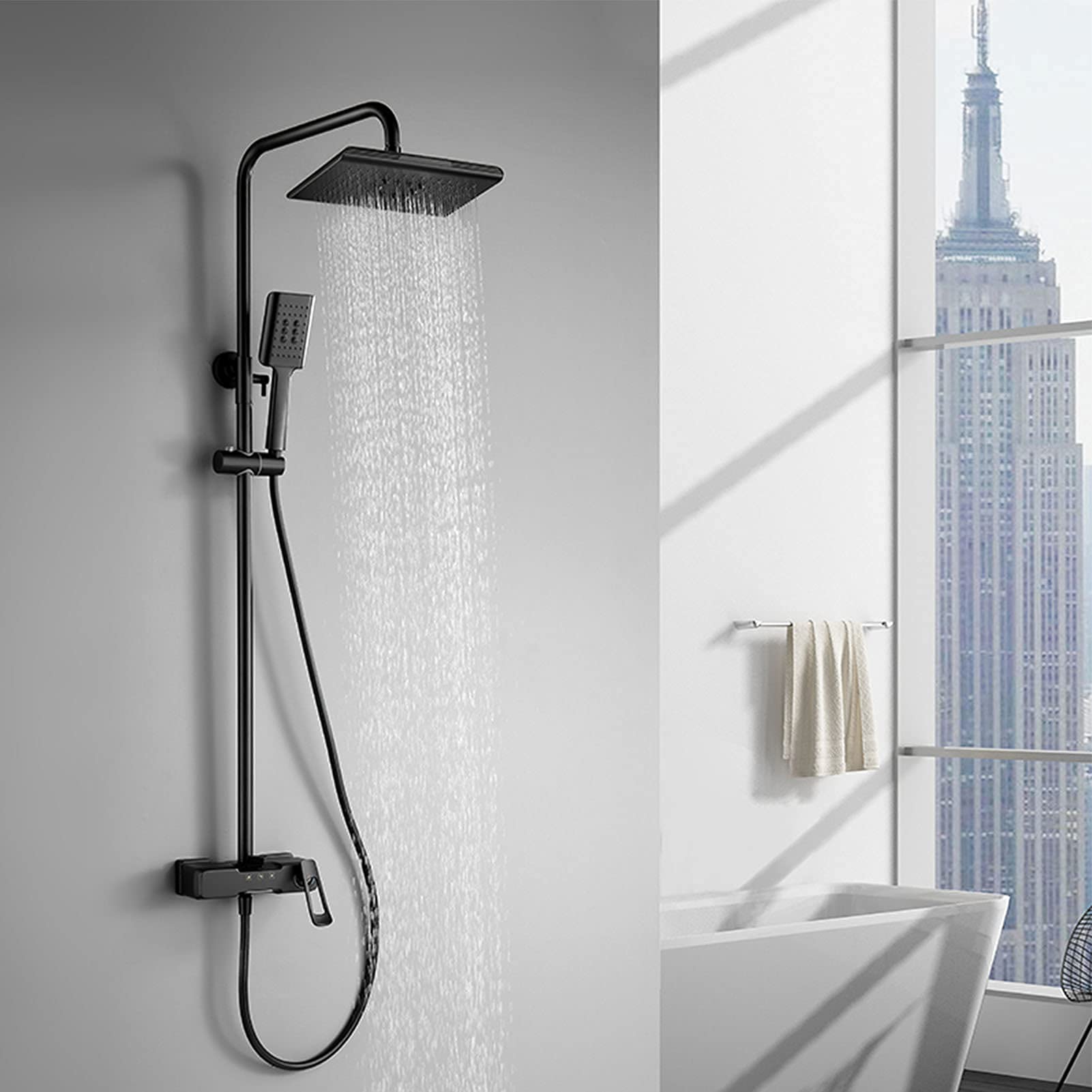 QUSYZD Shower System with Tub Spout, Luxury Rainfall Shower Head with Handheld Shower Sprayer, Wall Mounted Single Handle Shower Faucet Set,Chrome,Chrome,Black