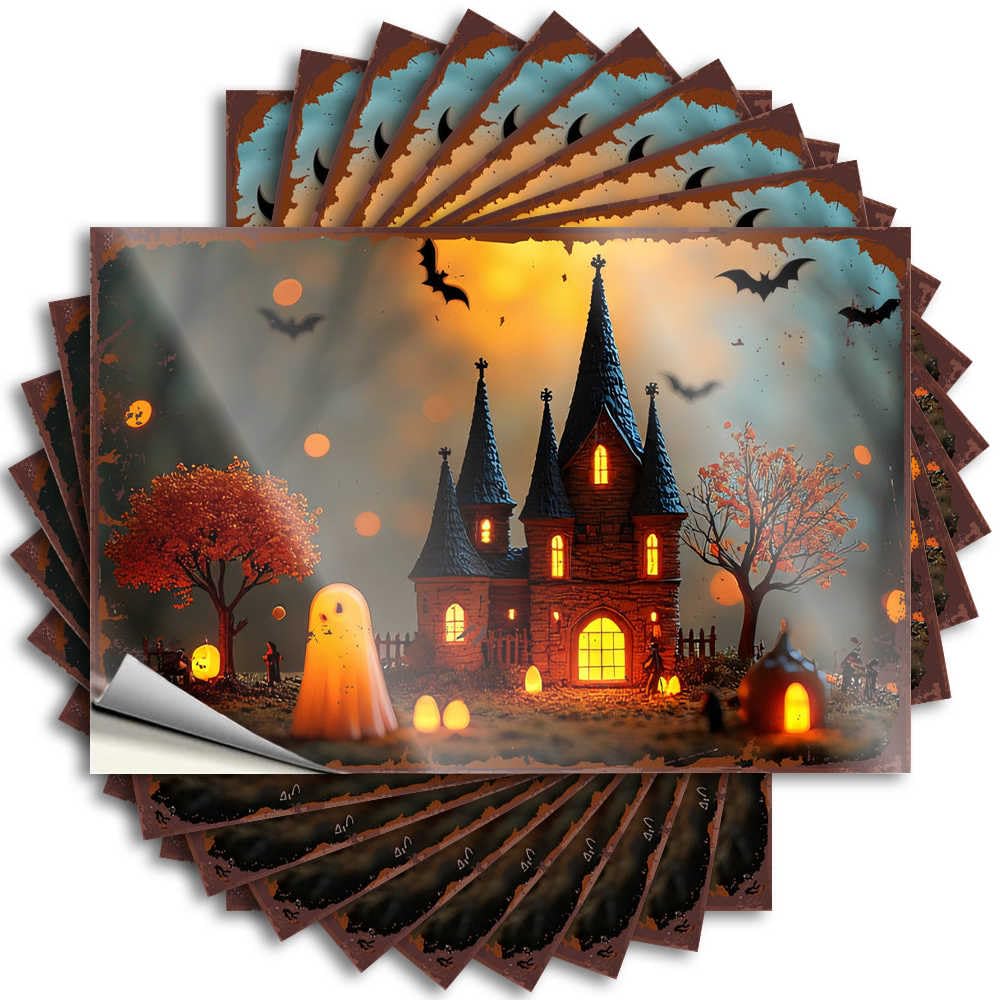 Sticker Stuff for Men Mold Core Cover Halloween Haunted Castle with Ghosts and Pumpkins - Scratch Resistant Stickers(8X12CM)