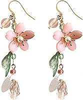 LAKIYOYO Pink Flower Dangle Earrings for Women - Cute Asymmetrical Boho Drop Earrings, Fairy Statement Summer Beach Jewelry